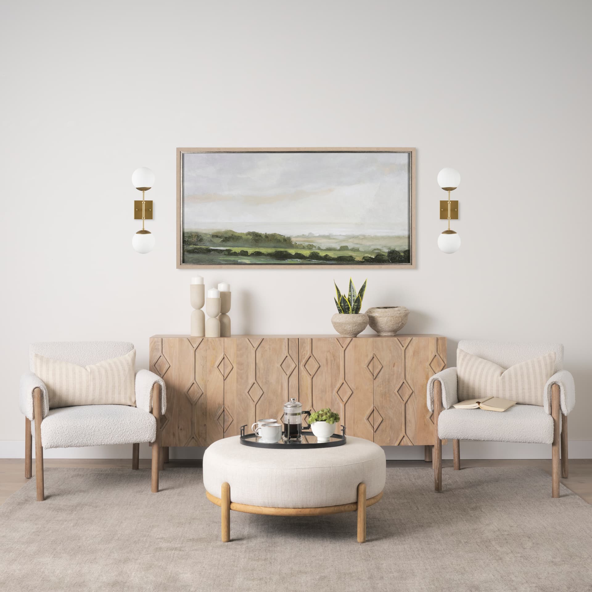 Edie Brushed Gold Metal w/ Frosted Glass Globes 2-Light Wall Sconce — in a styled room