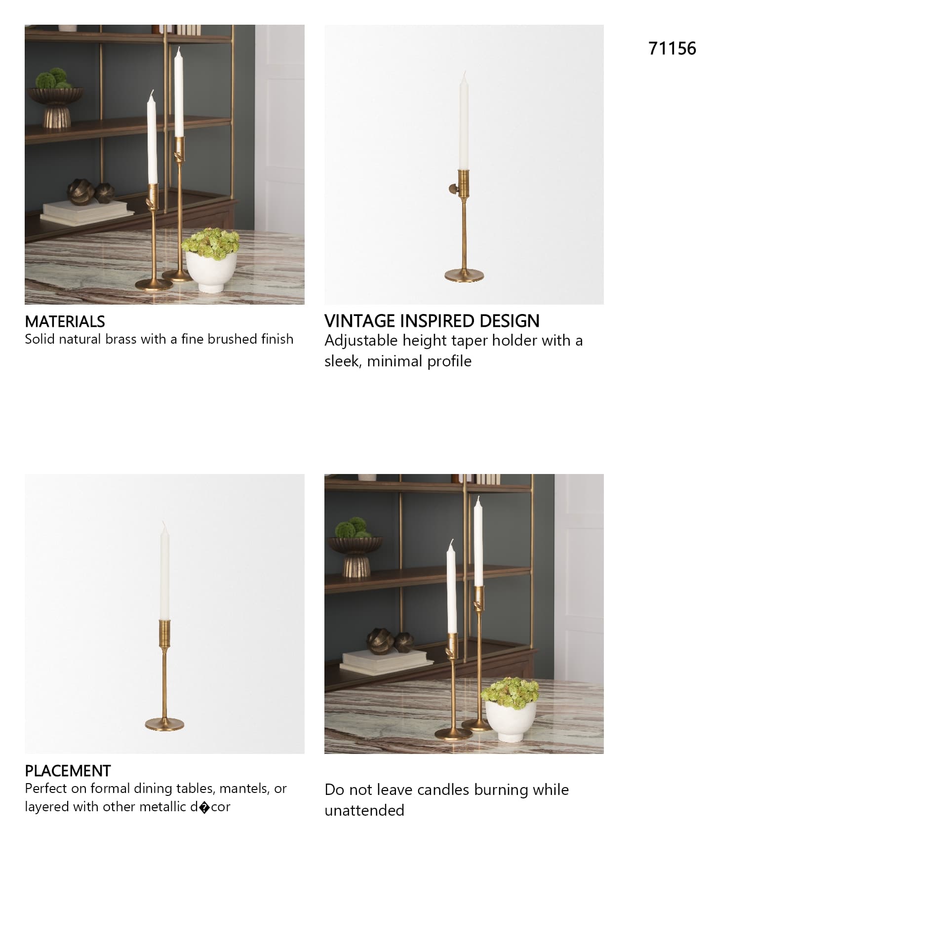 Chantria Small Solid Natural Brass Adjustable Taper Candle Holder — in a styled room
