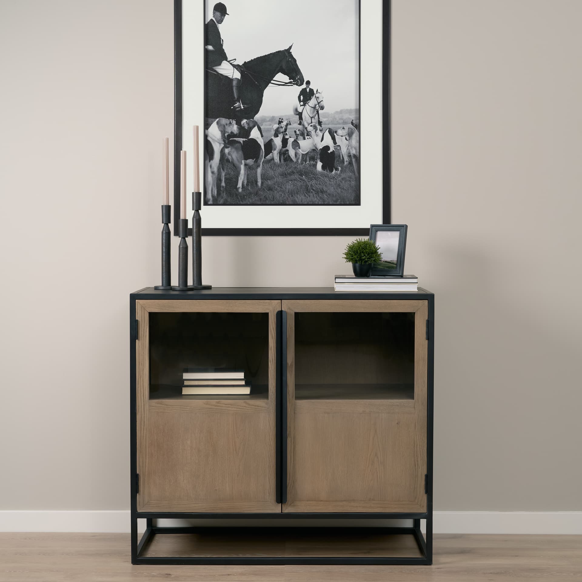 Sloan 40.0W Light Brown W/Black Metal Frame Accent Cabinet — in a styled room