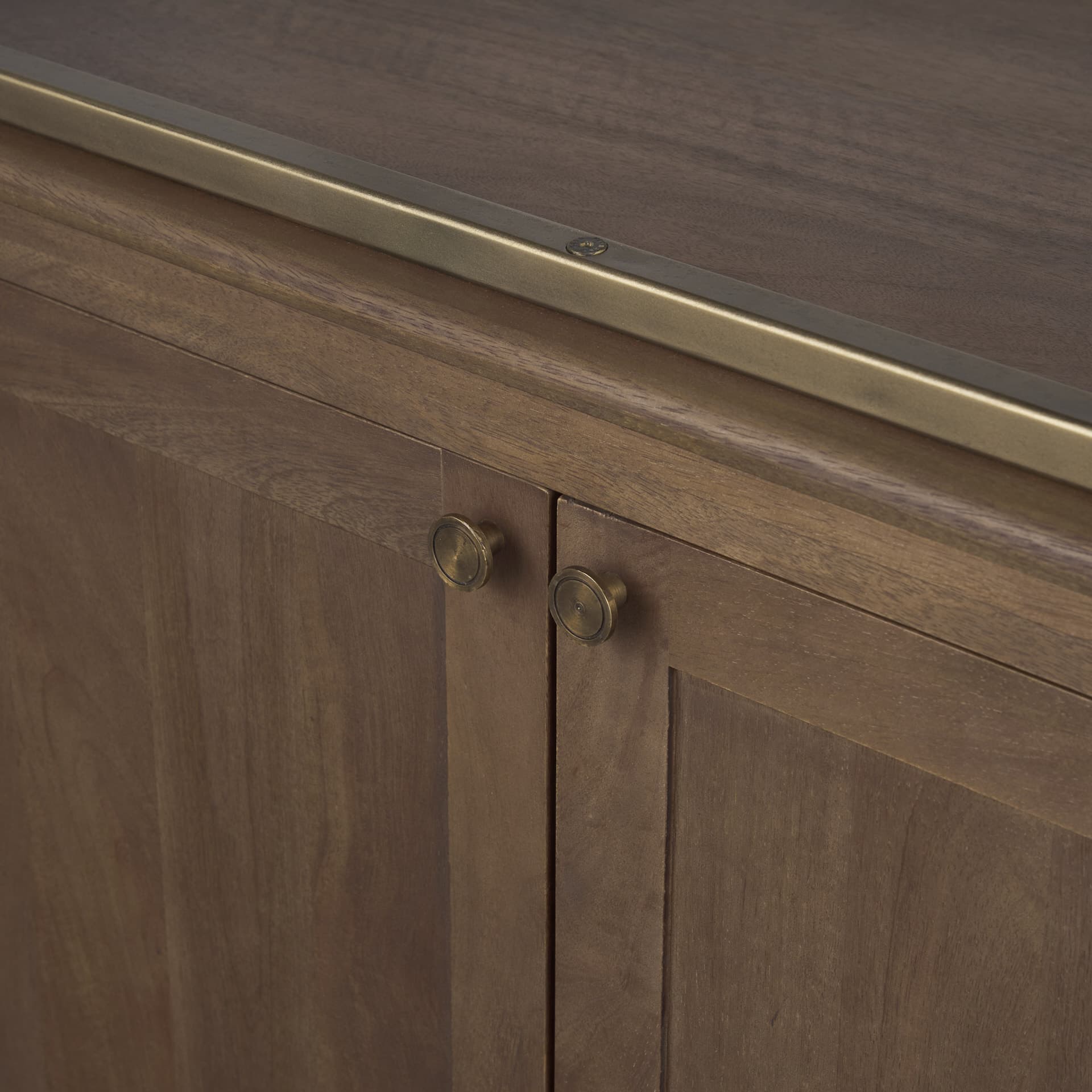Baron Dark Brown Wood w/ Antiqued Aged Brass Metal 2-Door Open Shelving Unit — product photograph