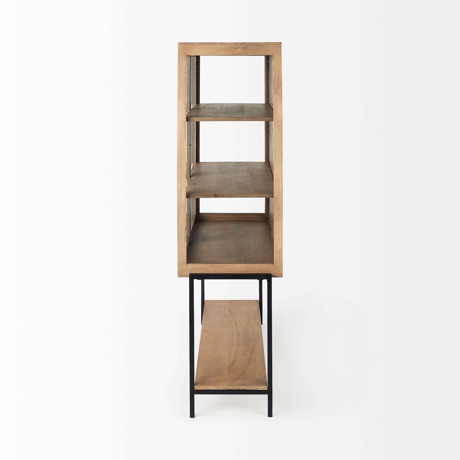 Arelius 36L x 18.75W x 63H Light Brown Wood W/ Black Metal Base Display Cabinet — product photograph