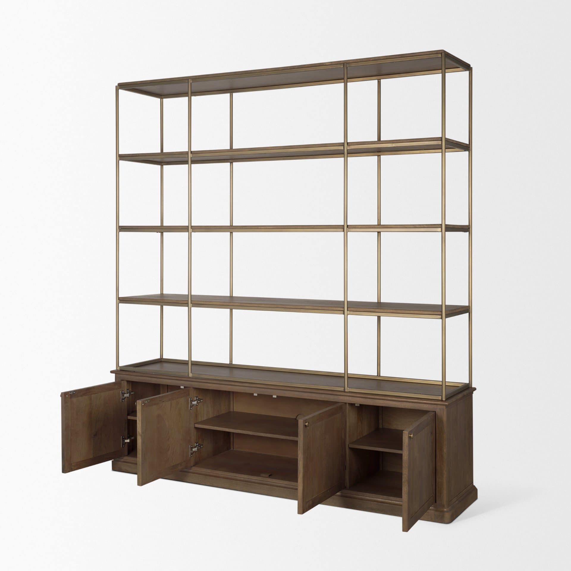Baron 4-Door Dark Brown Wood w/ Antique Brass Metal Open Shelving Unit — product photograph
