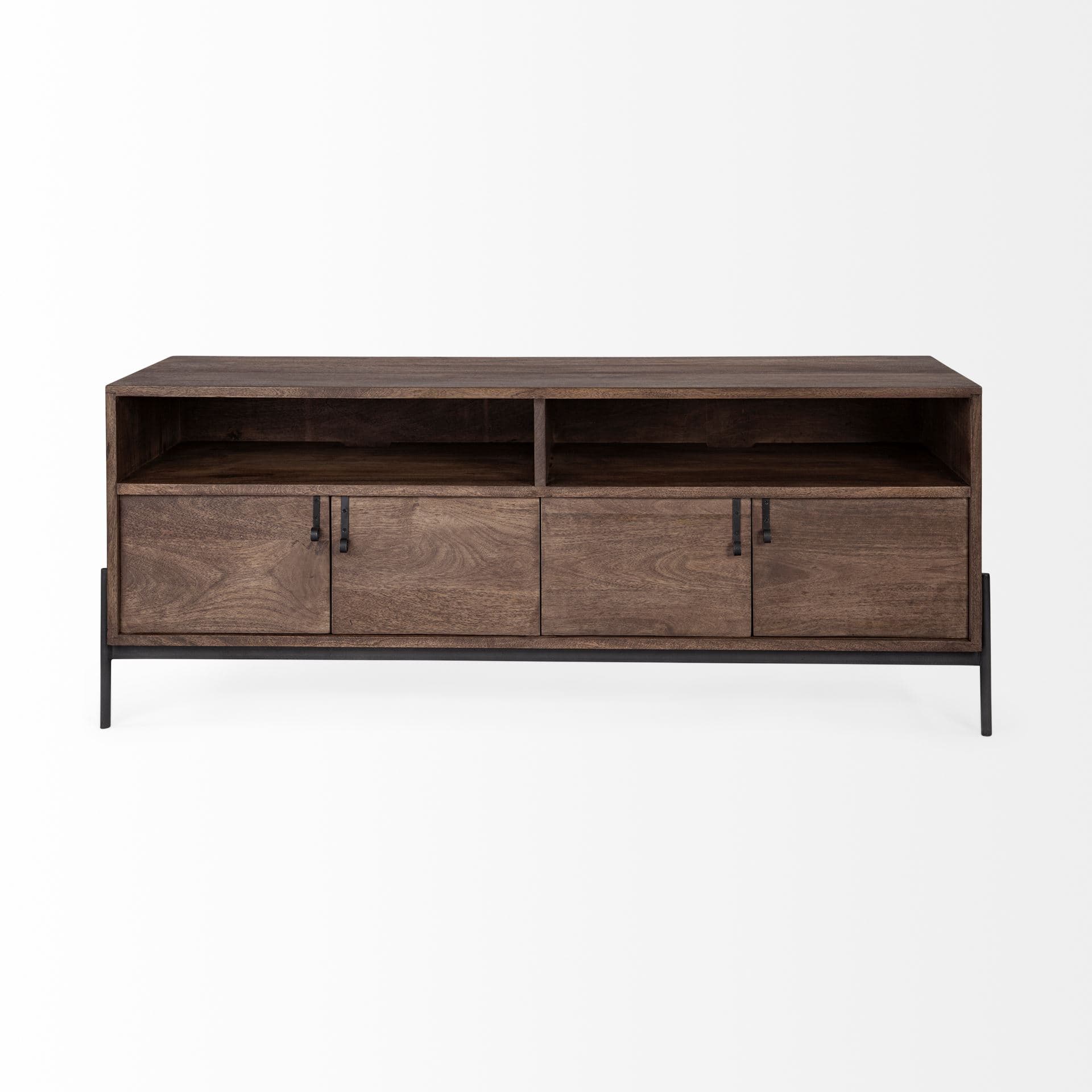 Glenn IV Dark Brown Wood w/ Black Iron Frame Media Console w/ Storage, TV Stand for TV up to 71" — product photograph