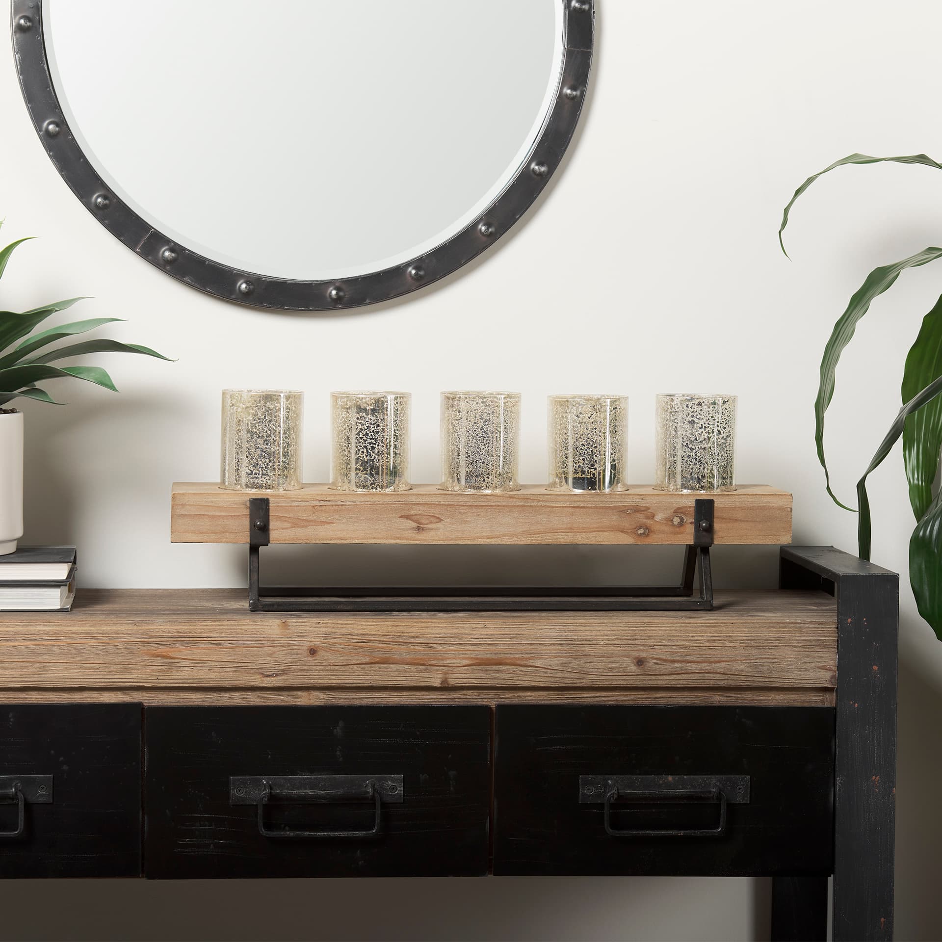 Benk Wood and Black Metal Five Cup Candle Holder — product photograph
