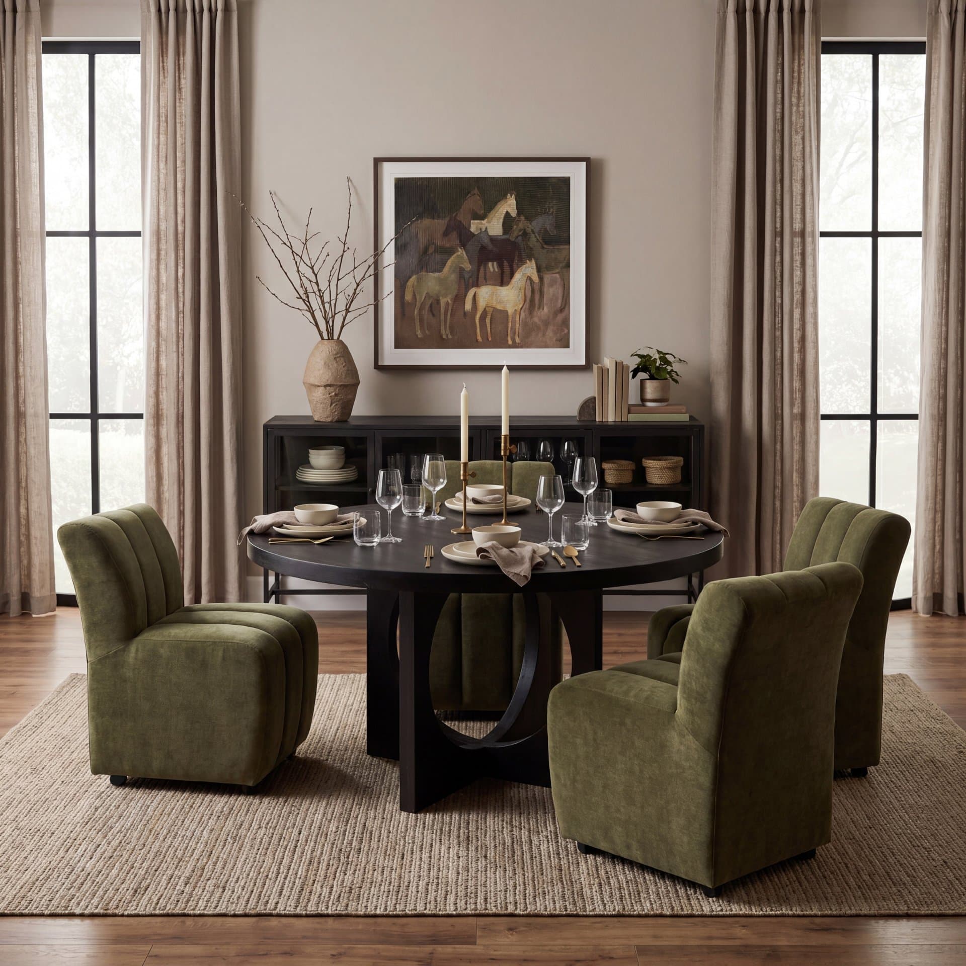 Wilkins Barrel Back Dining Arm Chair | Moss Olive Fabric w/ Wood — product photograph