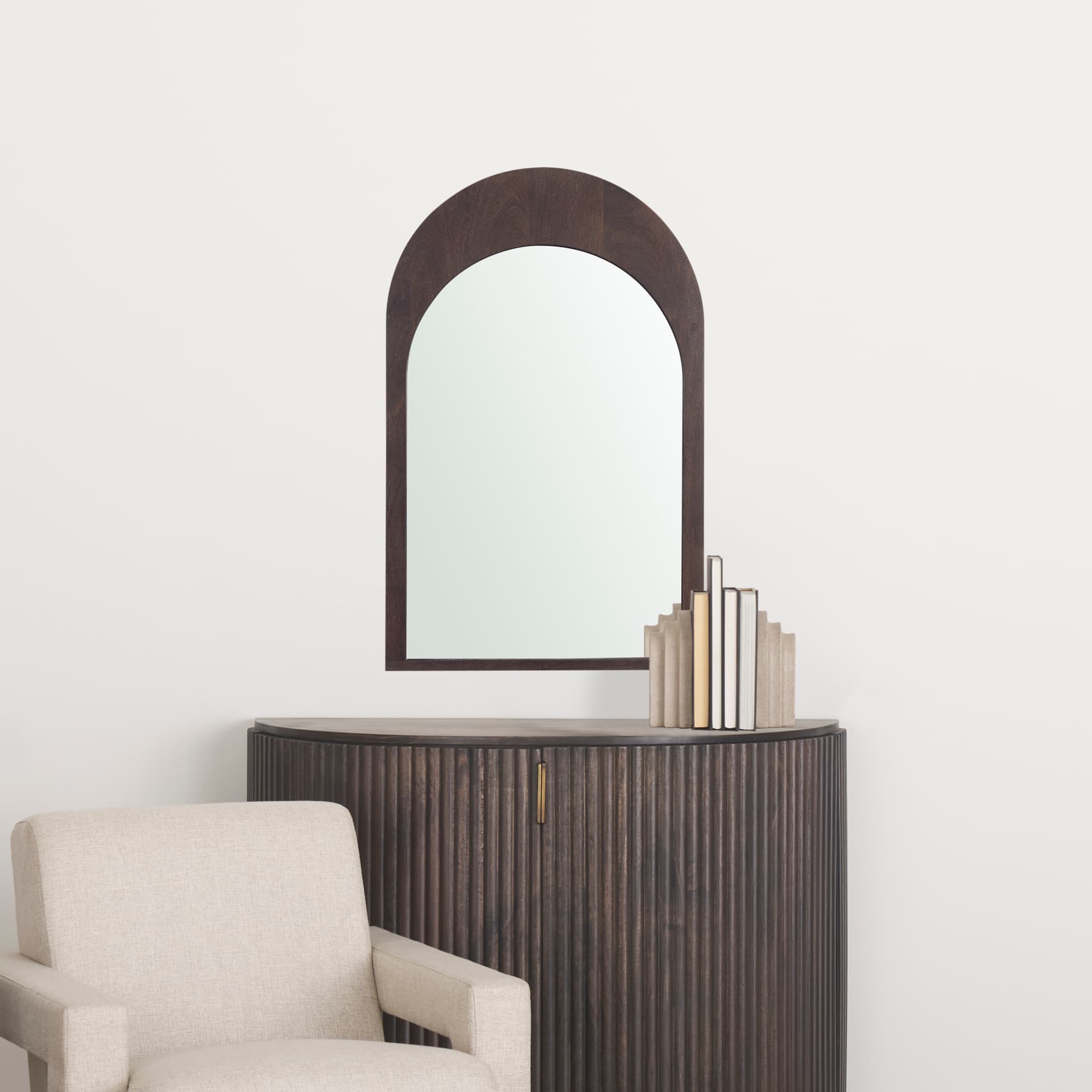Celeste Dark Brown Wood Arched Mirror — in a styled room