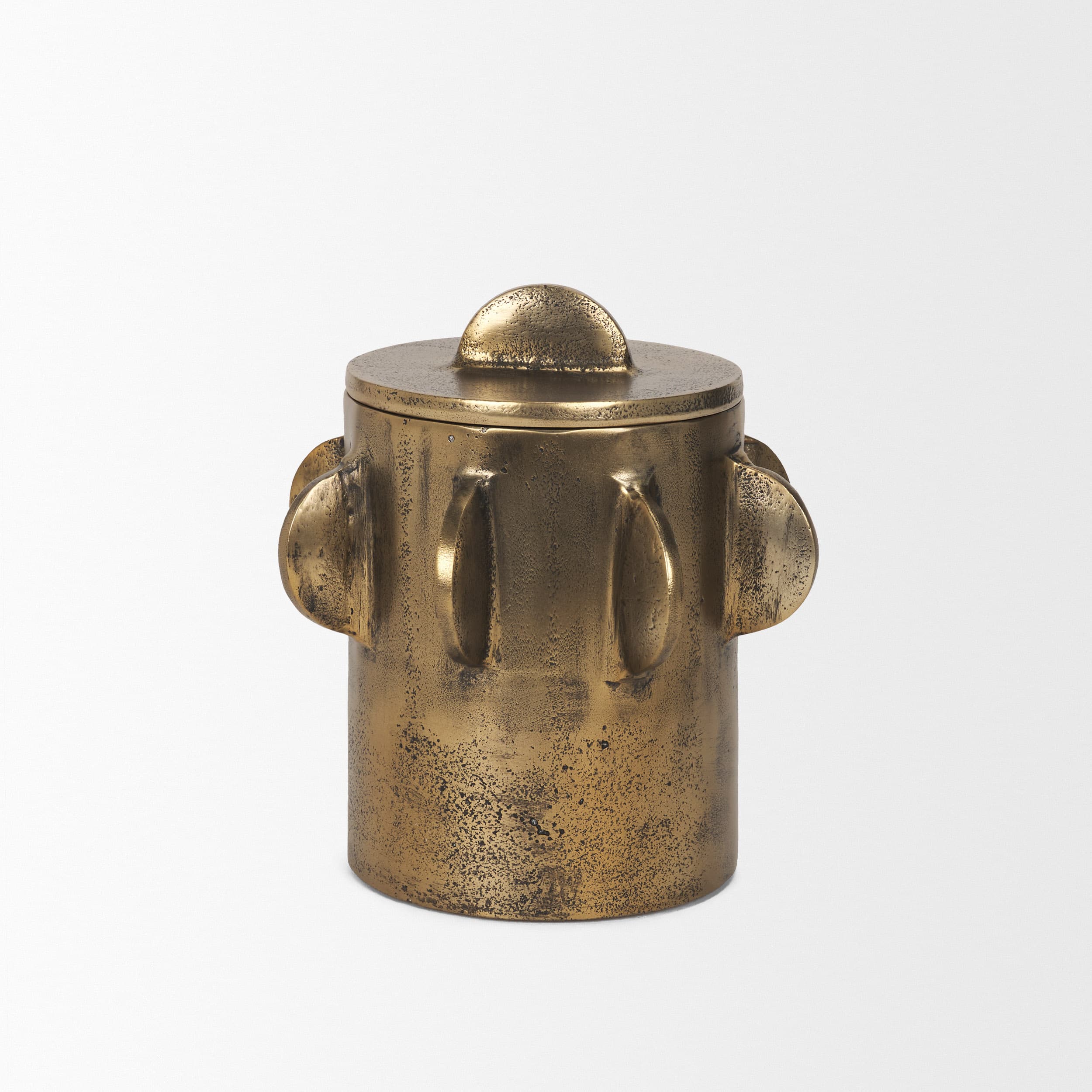 Deacon Small Antiqued Gold Metal Canister with Sculptural Handles — product photograph