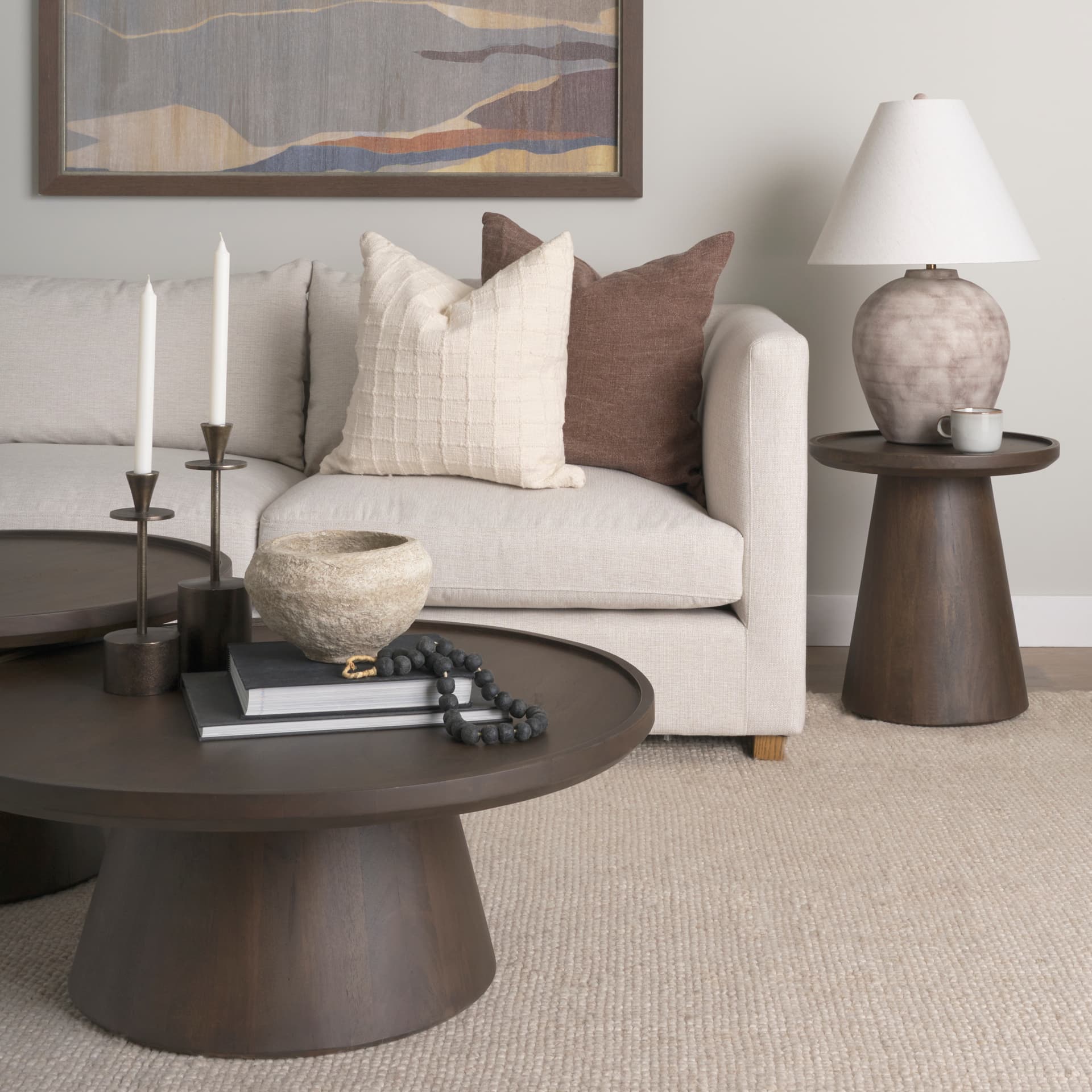 Takoda Dark Brown Wood Tapered Drum Nesting Coffee Tables — product photograph