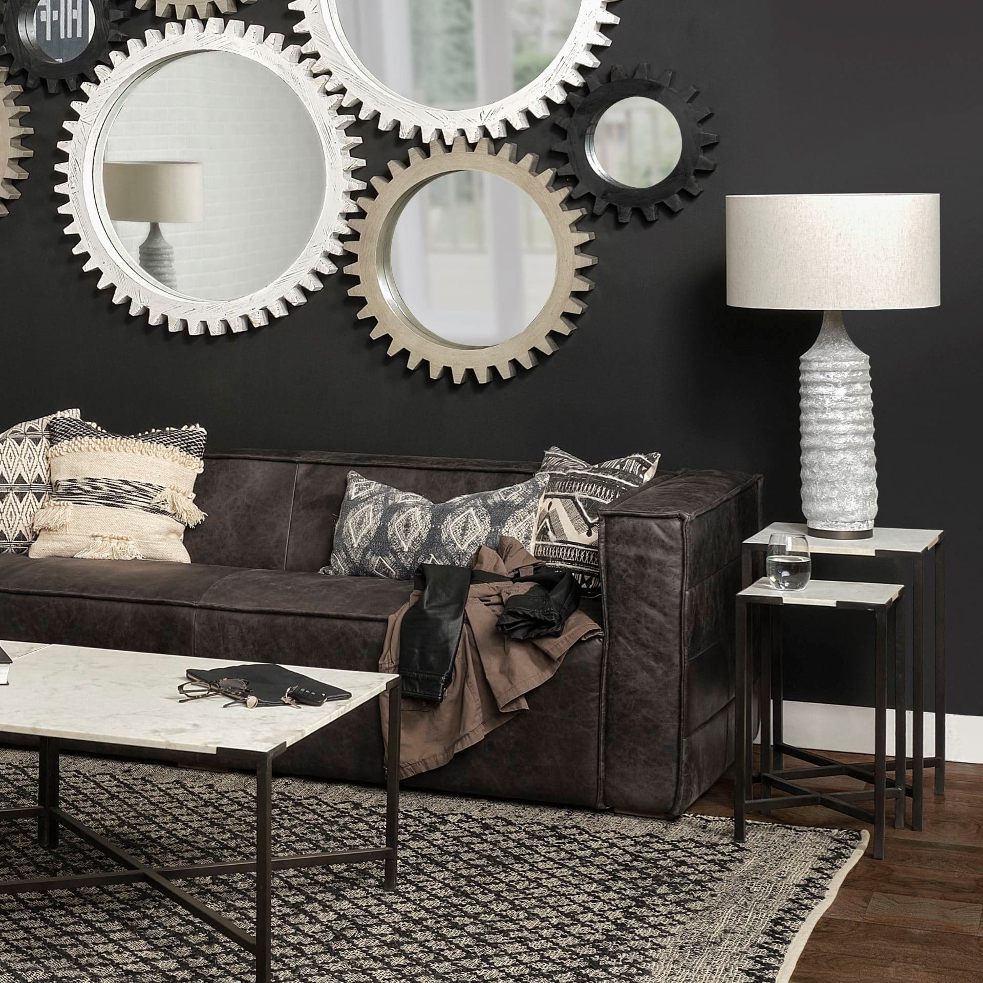Lucas III (Set of 2) 15L x 15W; 12L x 12W White Marble W/Black Iron Frame Accent Tables — product photograph