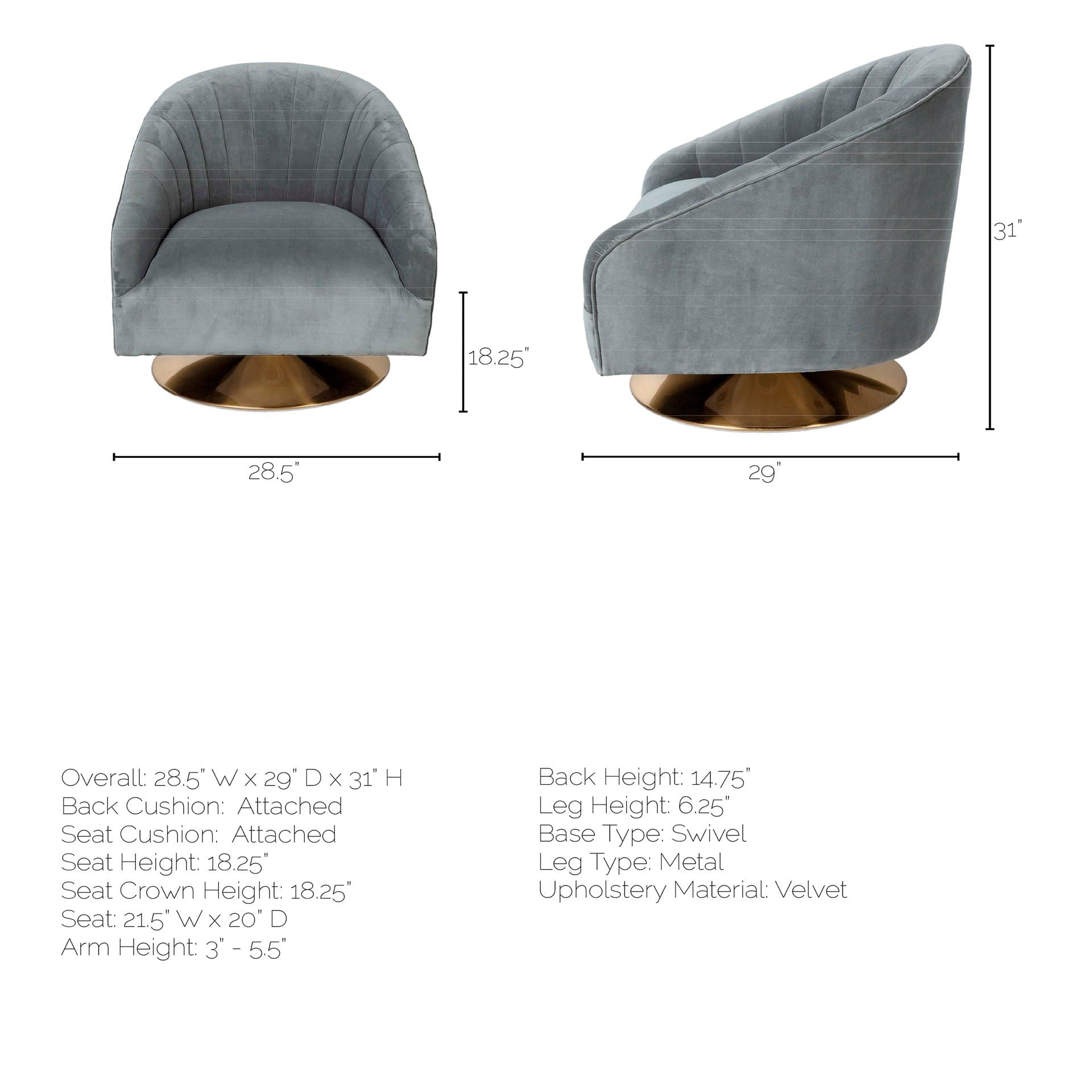 James II Gray Blue Velvet Covered Seat w Gold Swivel Base Accent Chair — product photograph