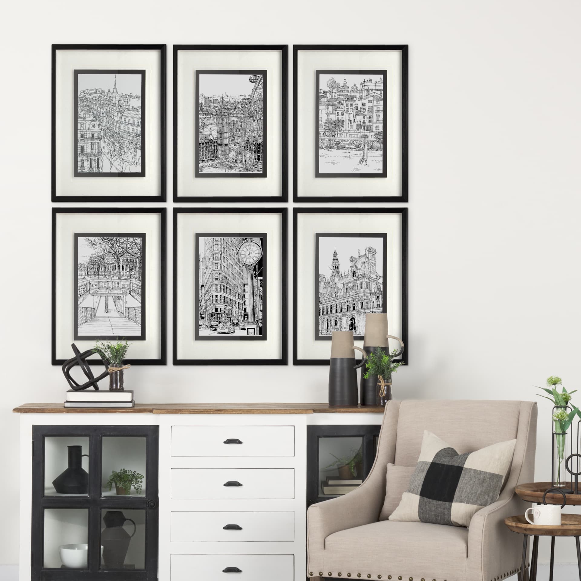 B&W City Scene IX by Melissa Wang a Hand Embellished Textured Framed Art Print Matted under Glass — in a styled room