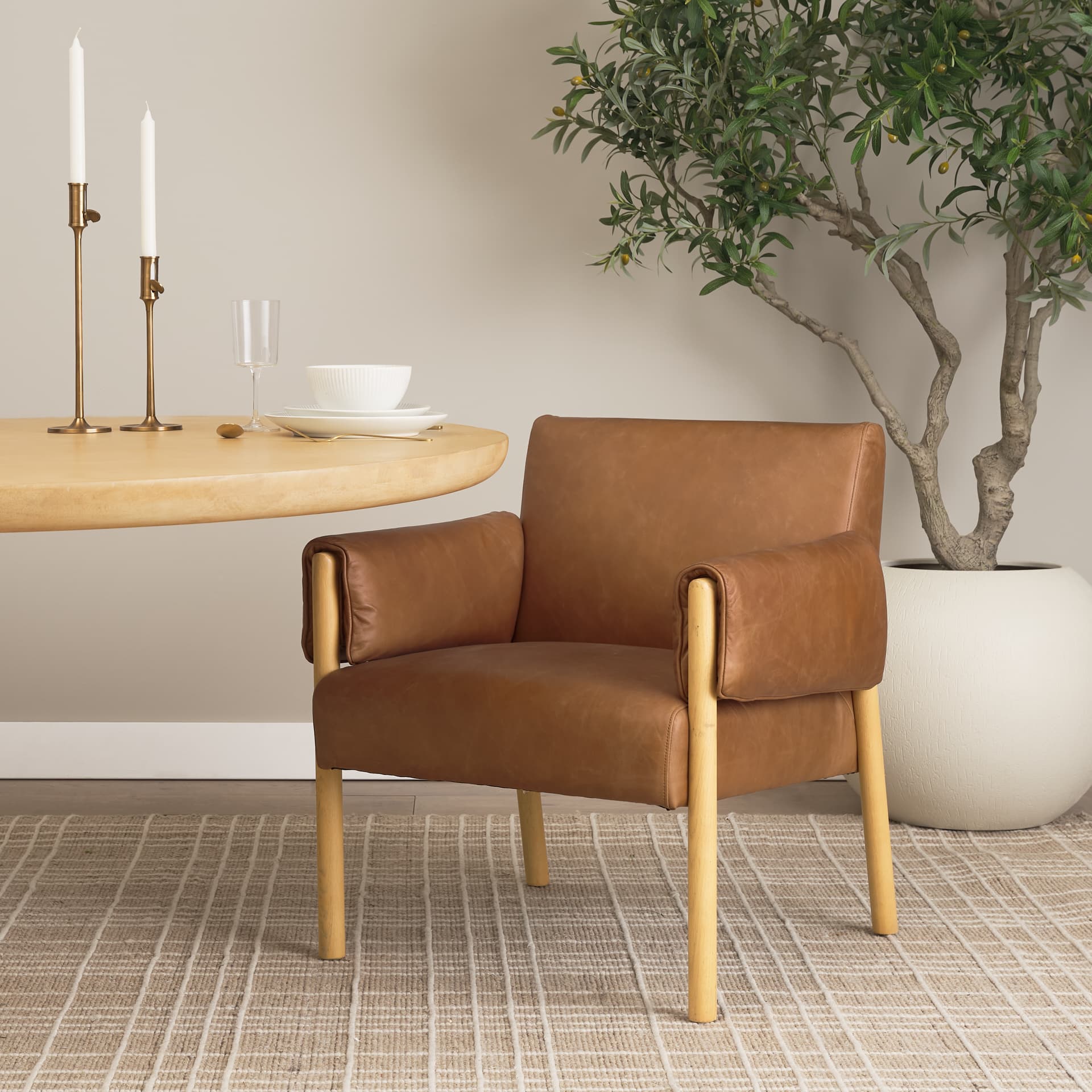 Ashton Brown Leather w/ Light Wood Accent Chair — in a styled room