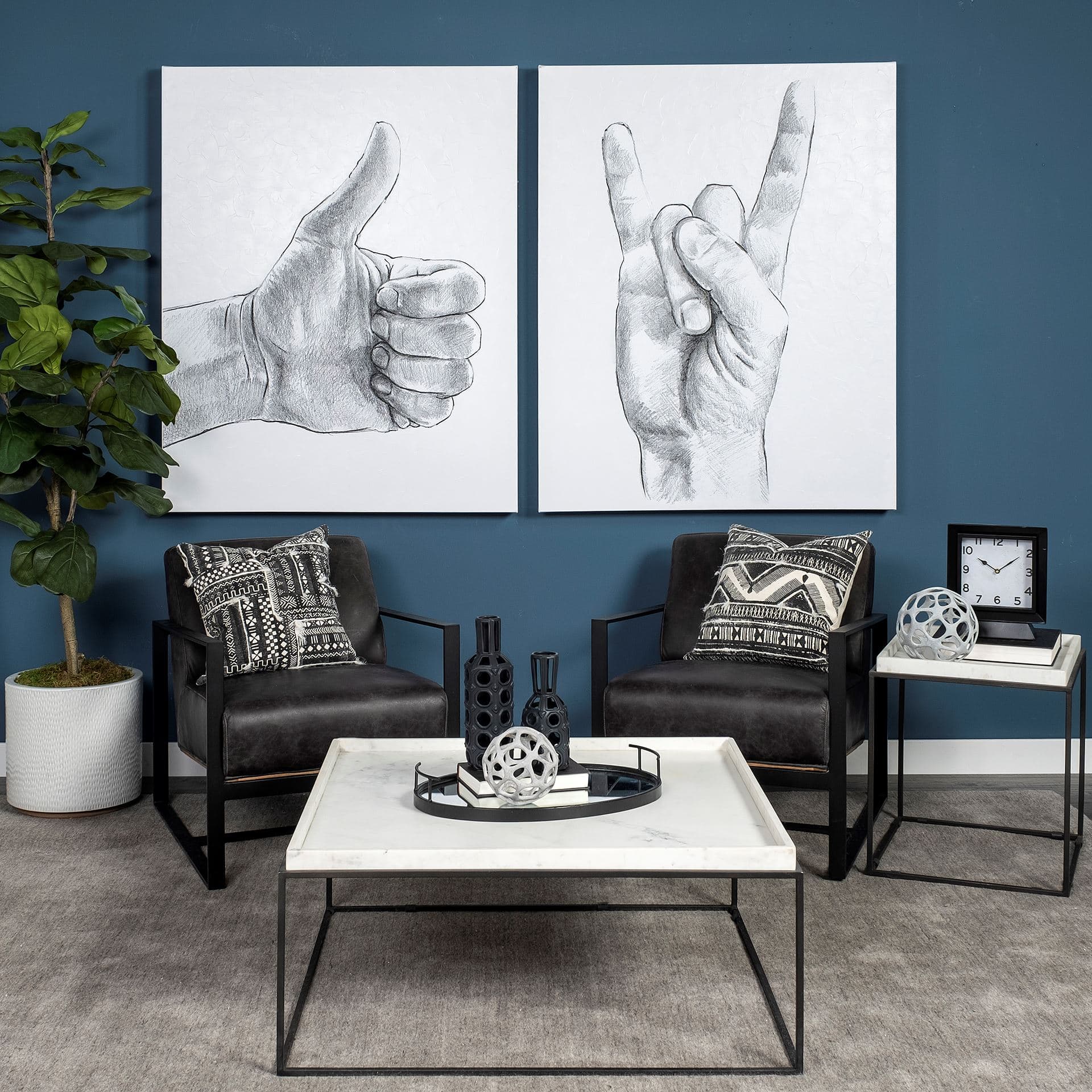 Nathan II 18" x 20" Square Top White Marble and Black Metal End/Side Table — in a styled room