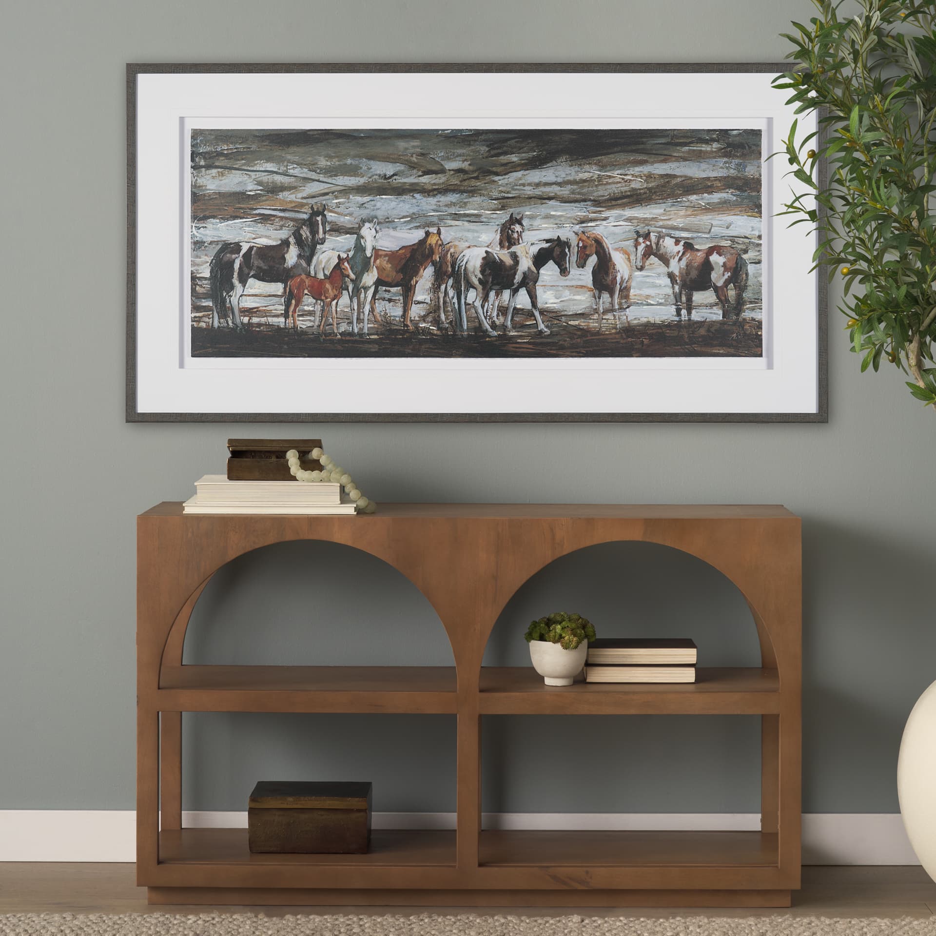 Equine Echoes III by Mercana Studio Hand Embelished Textured Framed Artwork Matted under Glass — in a styled room