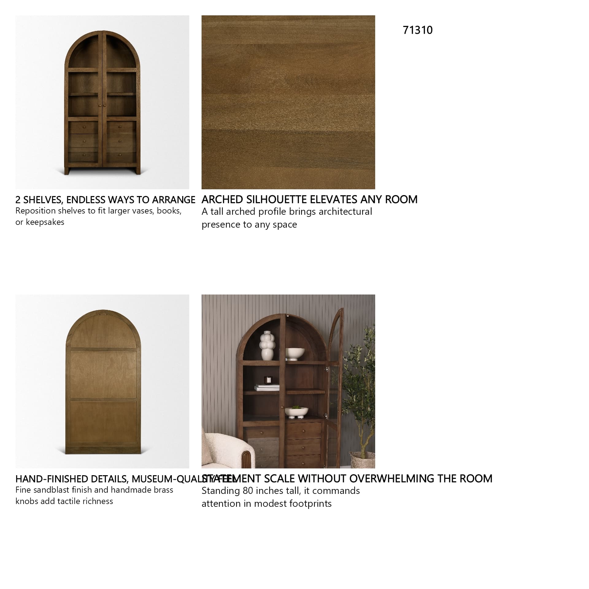 Suri Mid Brown Wood W/Glass Doors Arched Curio Cabinet — in a styled room