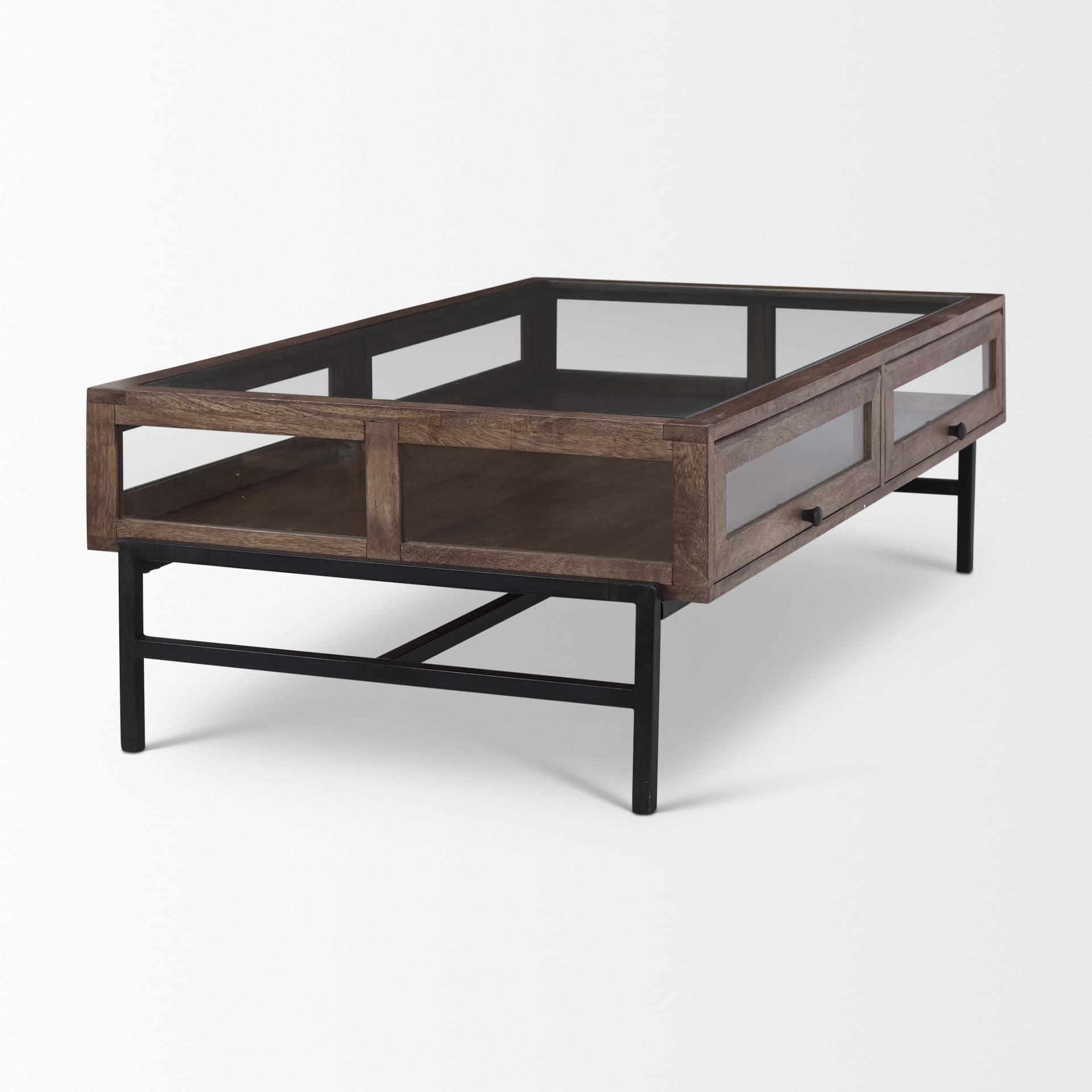 Arelius 49.5"L Rectangular Glass-Top Medium Brown Wood w/ Black Metal Base Display Coffee Table — product photograph