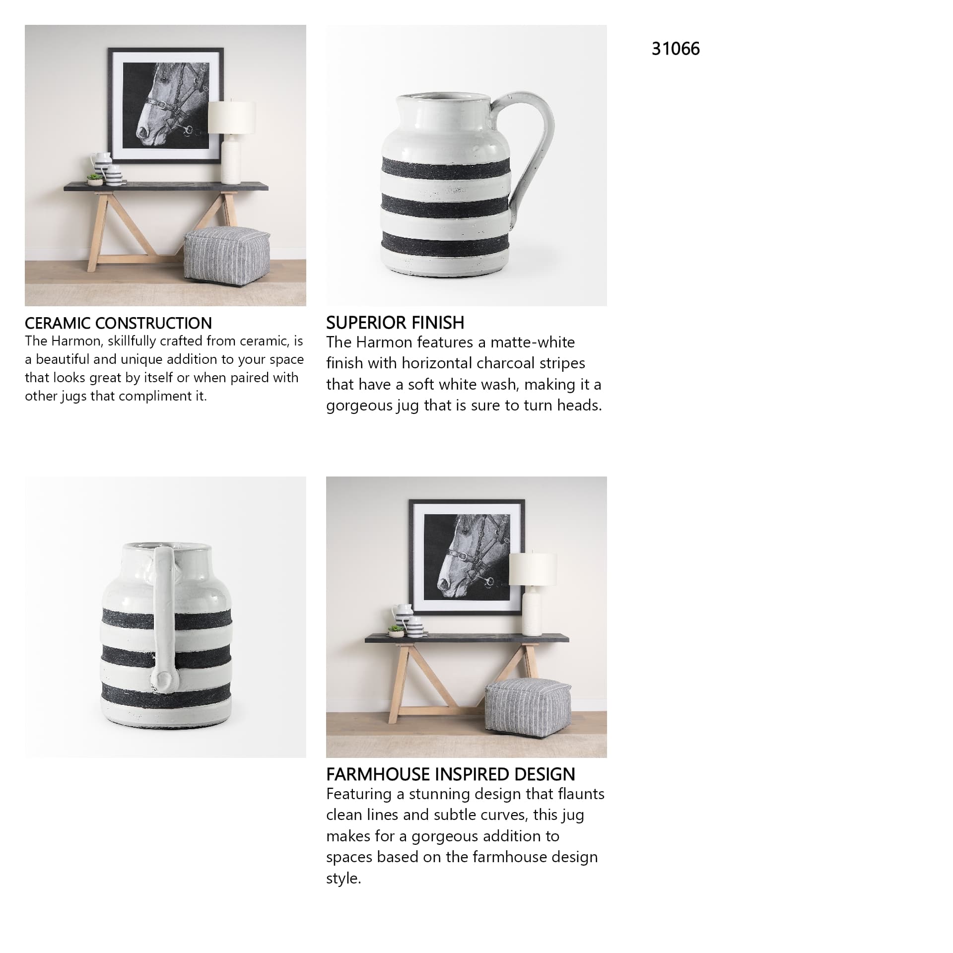 Harmon I Small White w/ Charcoal Stripes Ceramic Jug — in a styled room