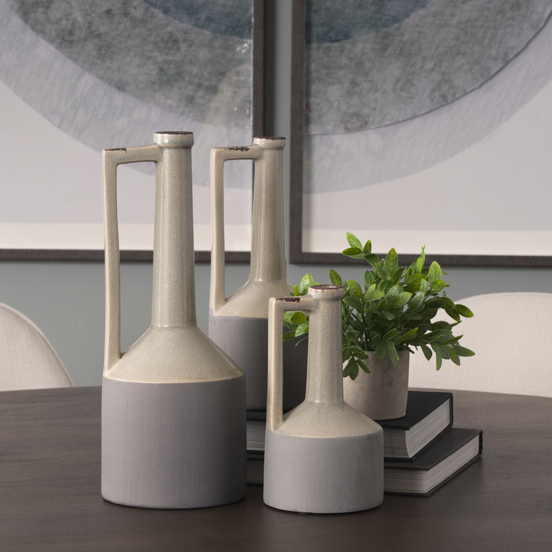 Burton 14.2H Medium Two Tone Gray Ceramic Jug Vase — in a styled room