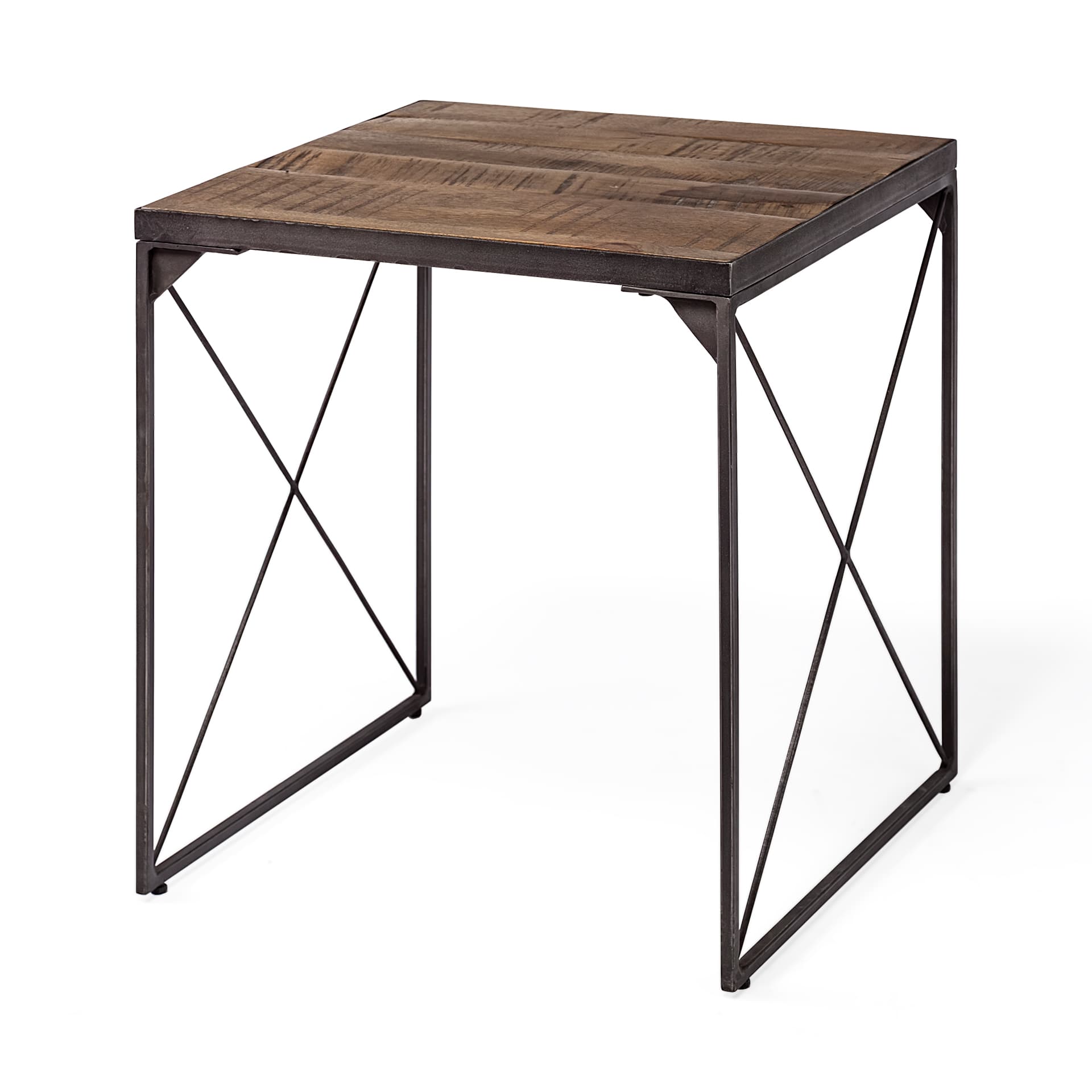 Trestman II 24" x 22.5" Square Top Medium Brown Wood and Iron Cross Braced End/Side Table — product photograph