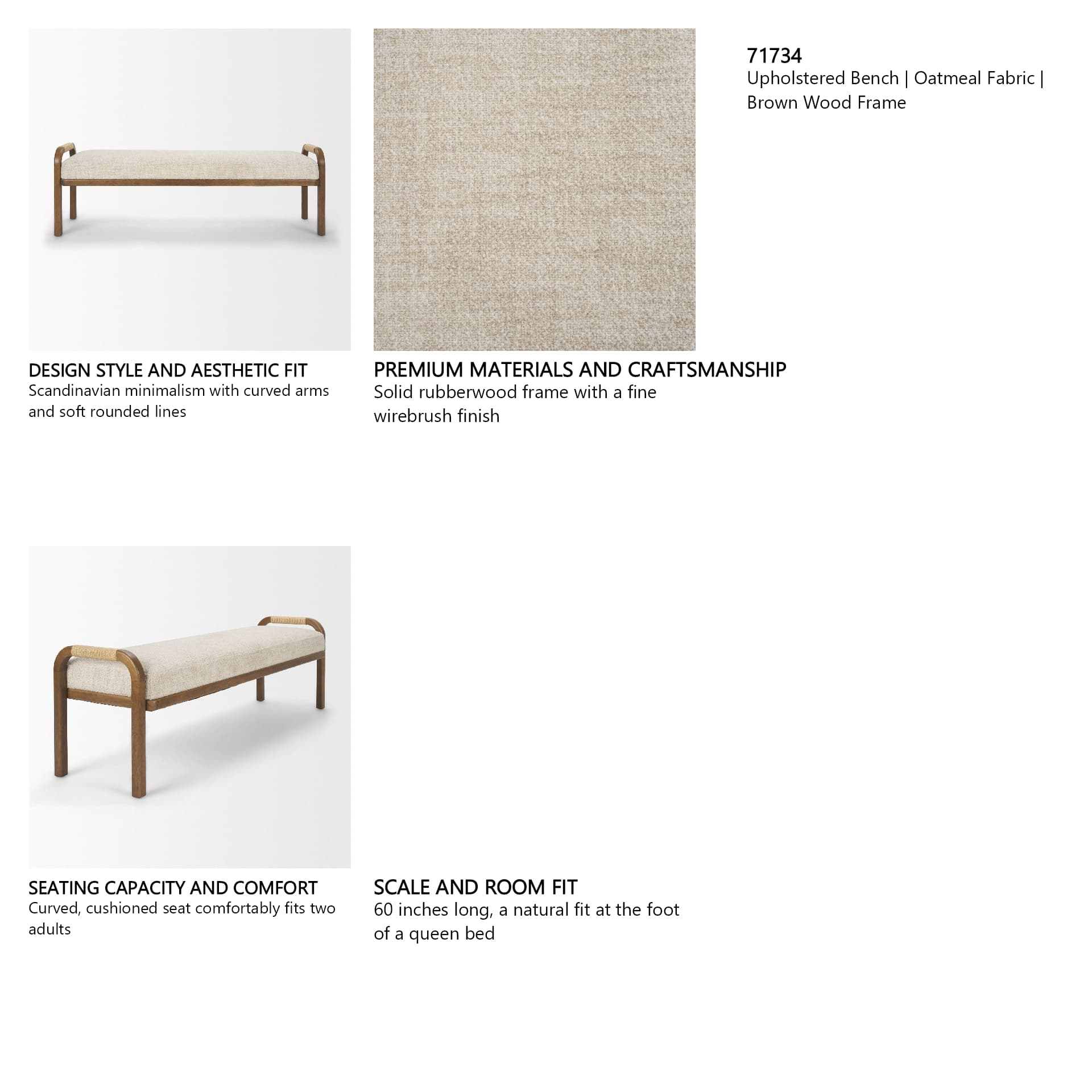 Freya Upholstered Bench | Oatmeal Fabric | Brown Wood Frame — in a styled room
