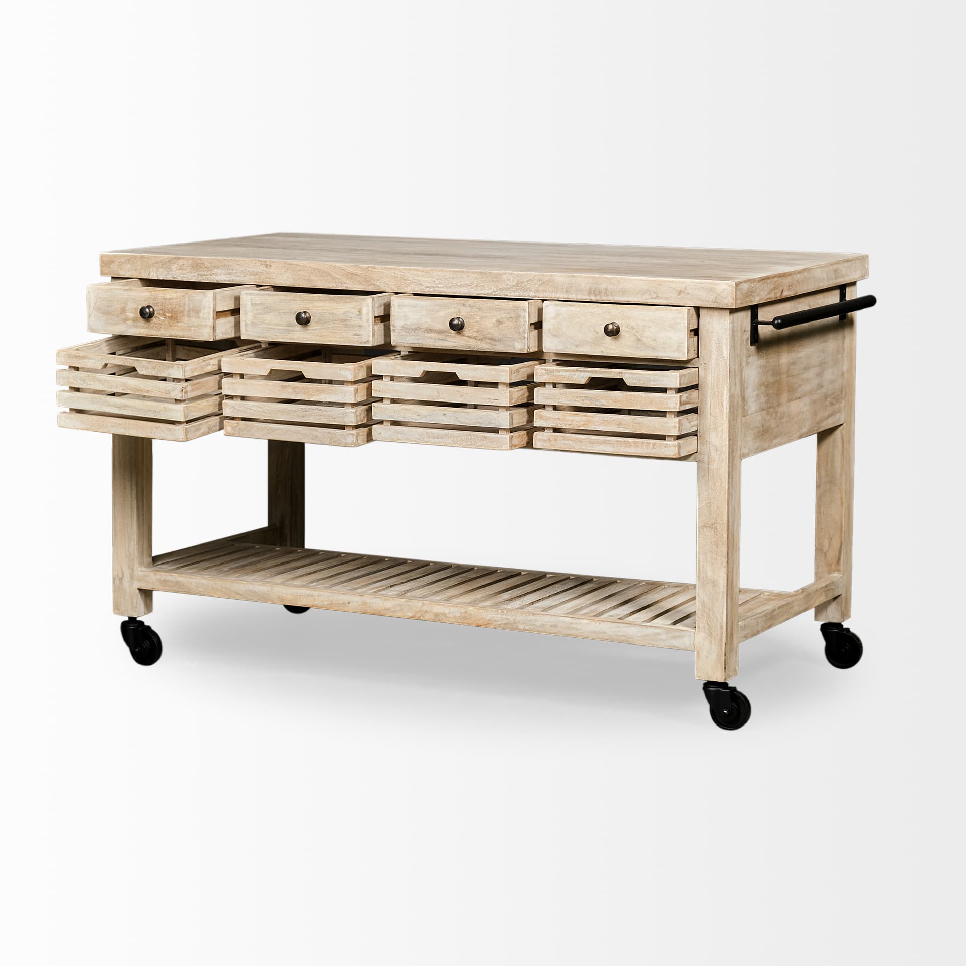 Columbia 62L x 28W x 36H I Light Brown Body w/ Black Iron Knobs Rolling Kitchen Island — product photograph