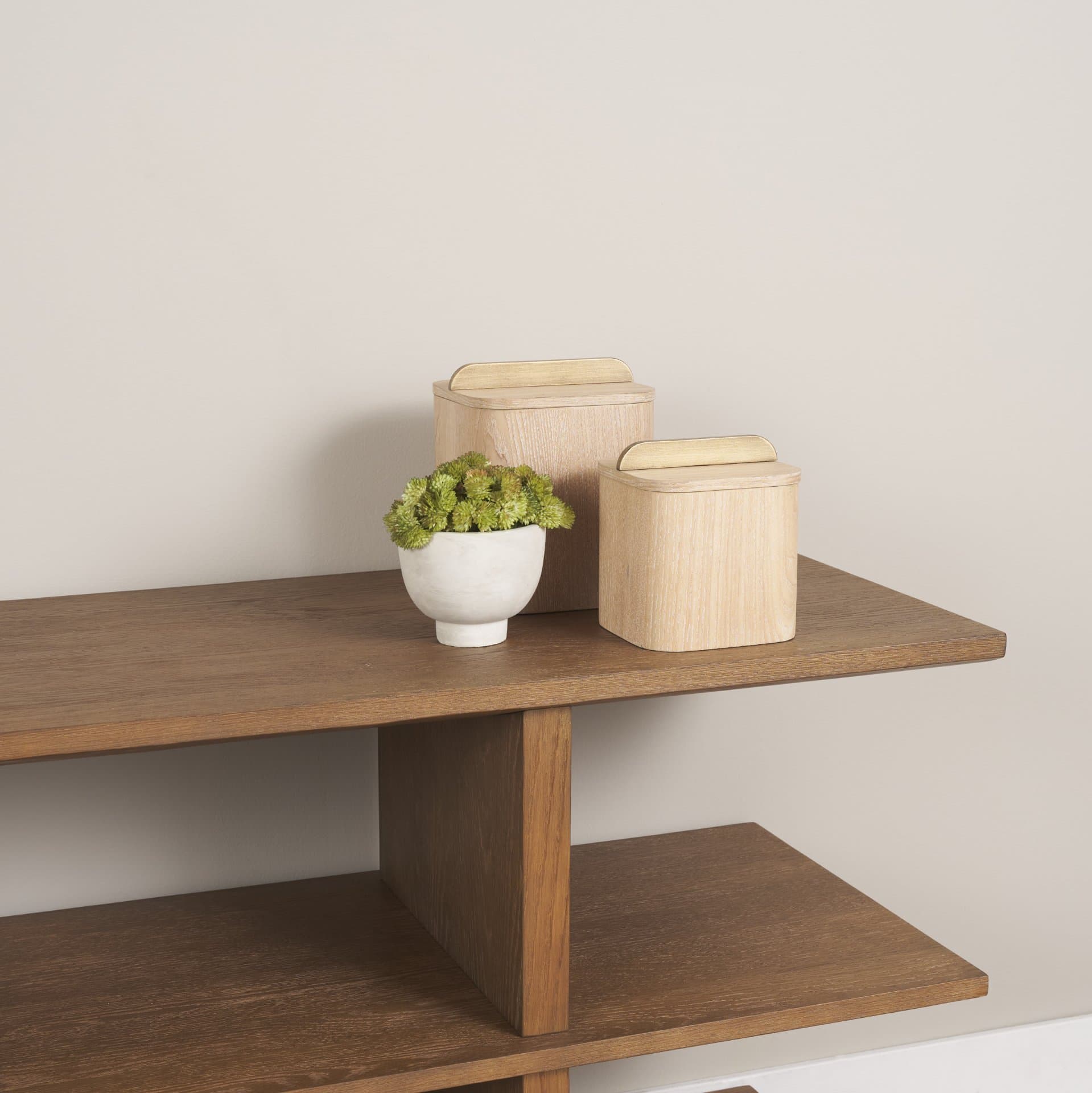 Benton White-Washed Wood w/ Brass Handle Decorative Box Set — in a styled room
