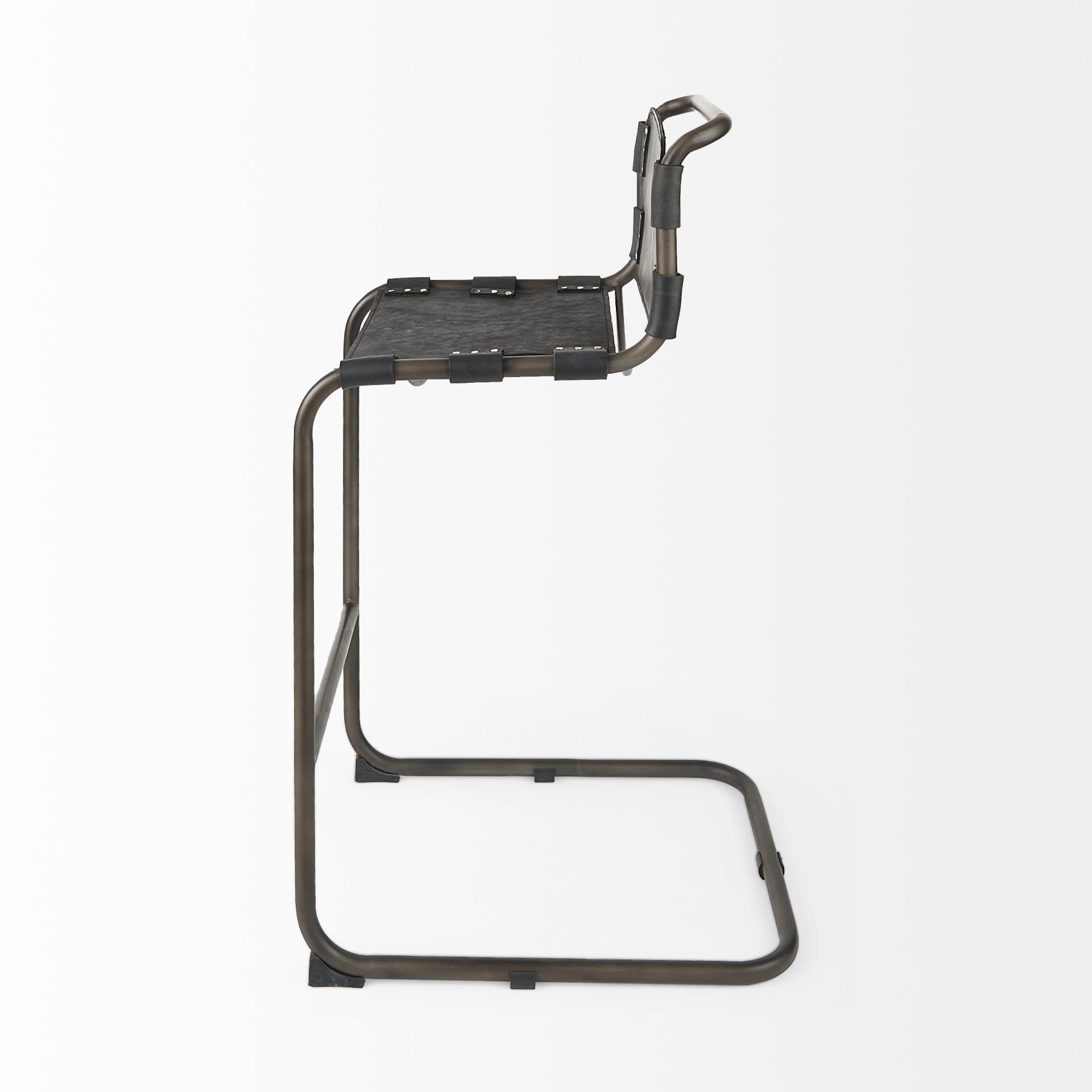 Berbick Low Back 26in Seat Counter Stool | Black Leather w/ Gray Metal — product photograph