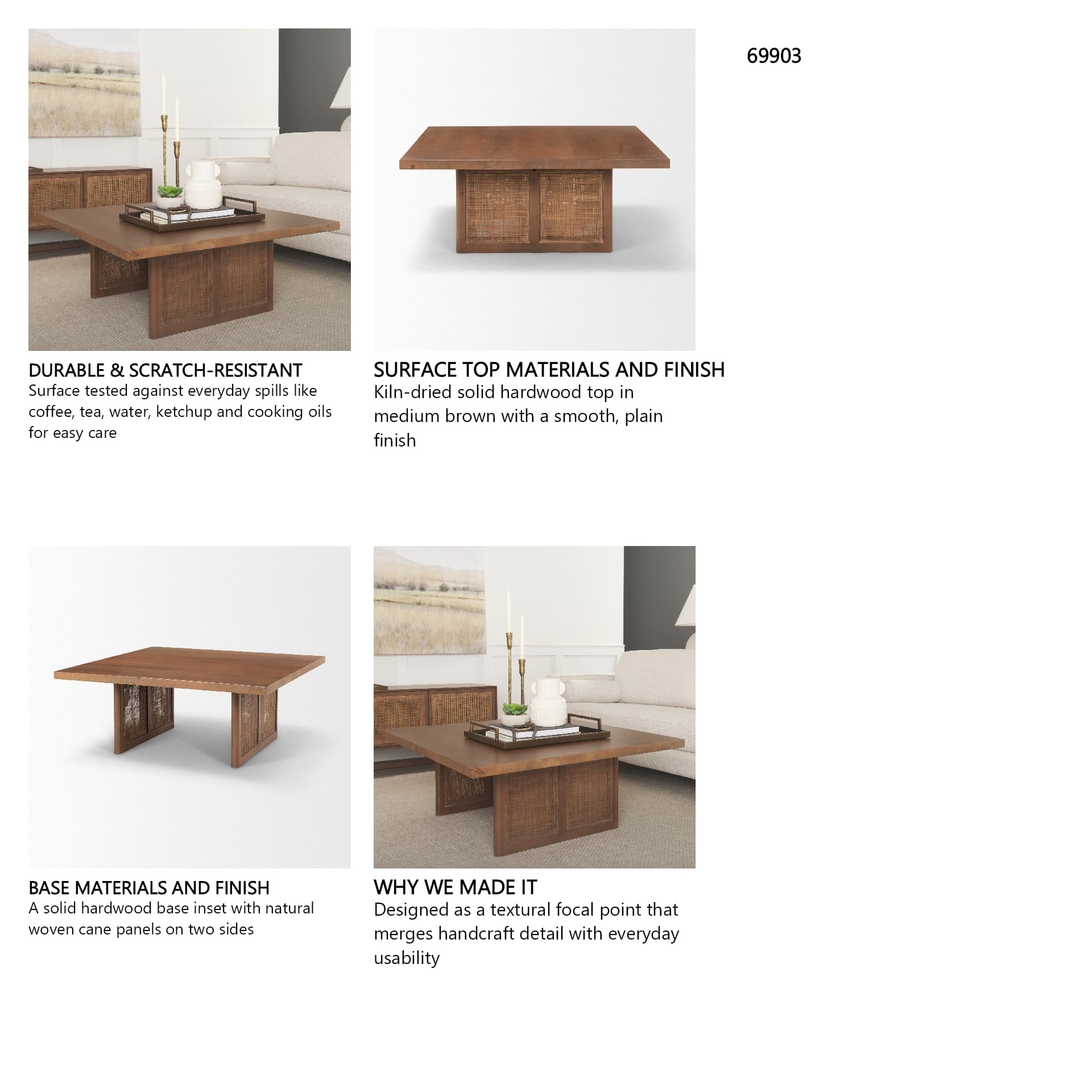 Grier 42" Square Medium Brown Solid Wood w/ Cane Coffee Table — in a styled room
