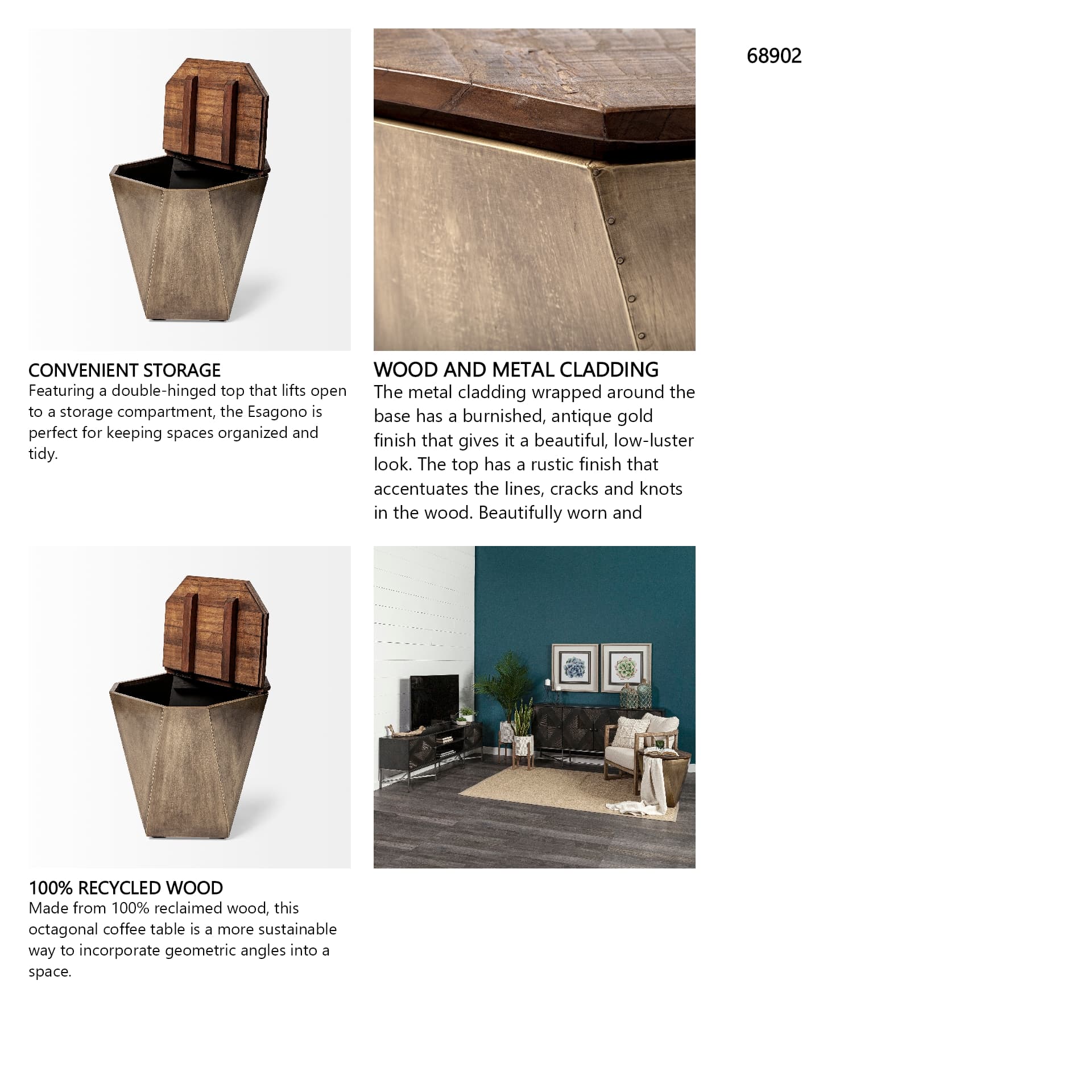 Esagono Octagonal Gold Metal-Clad Reclaimed Wood End/Side Table w/ Storage — in a styled room