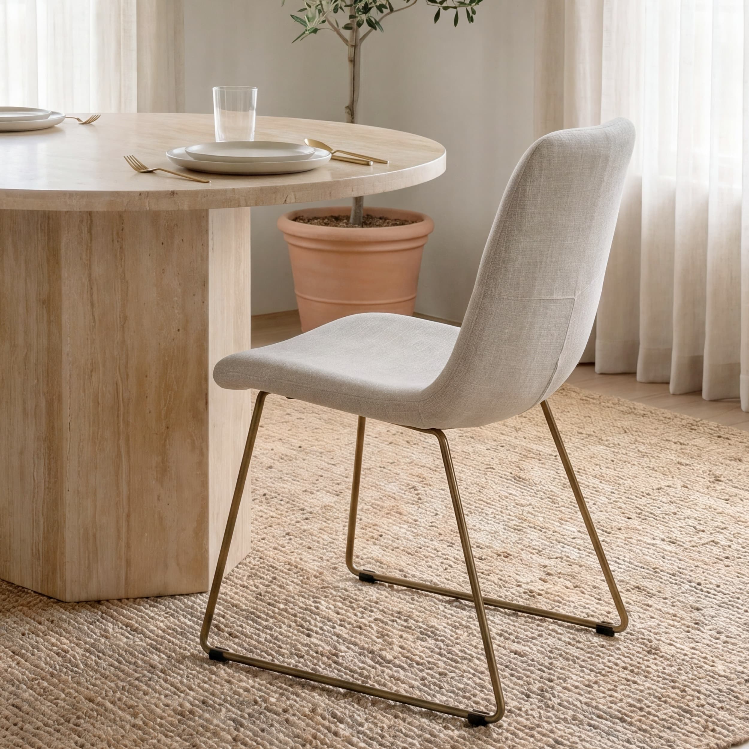 Sawyer Solid Back Dining Side Chair | Beige Fabric w/ Gold Metal — product photograph