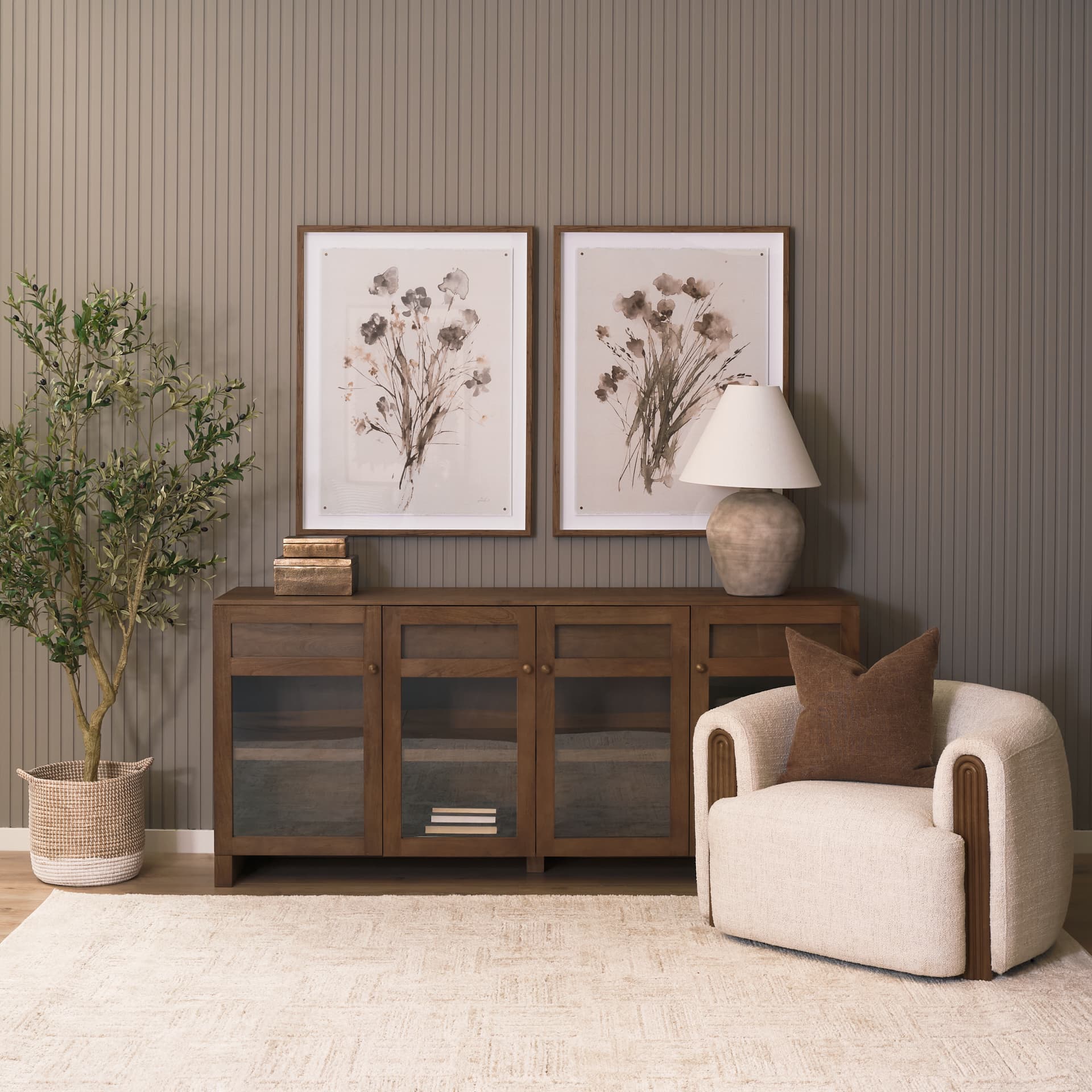 Suri Mid Brown Wood w/ Glass 4-Door Closed Sideboard — in a styled room