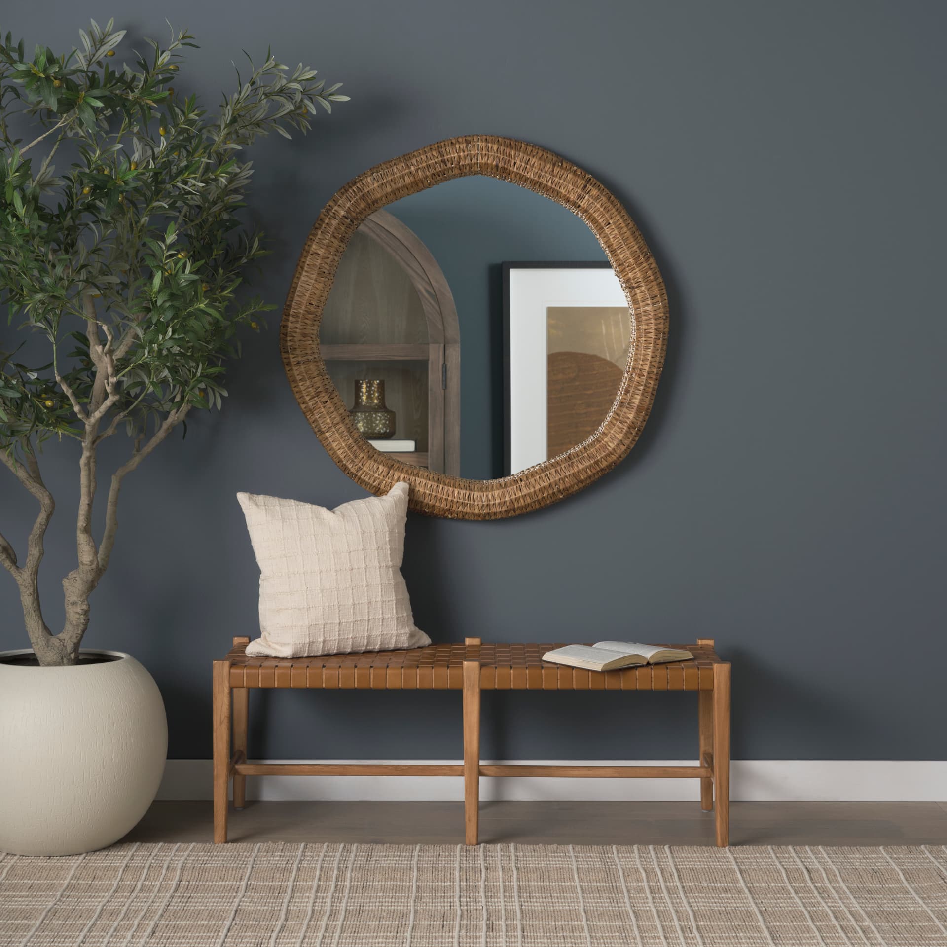 Shane Brown Wood w/ Woven Brown Leather Bench — in a styled room