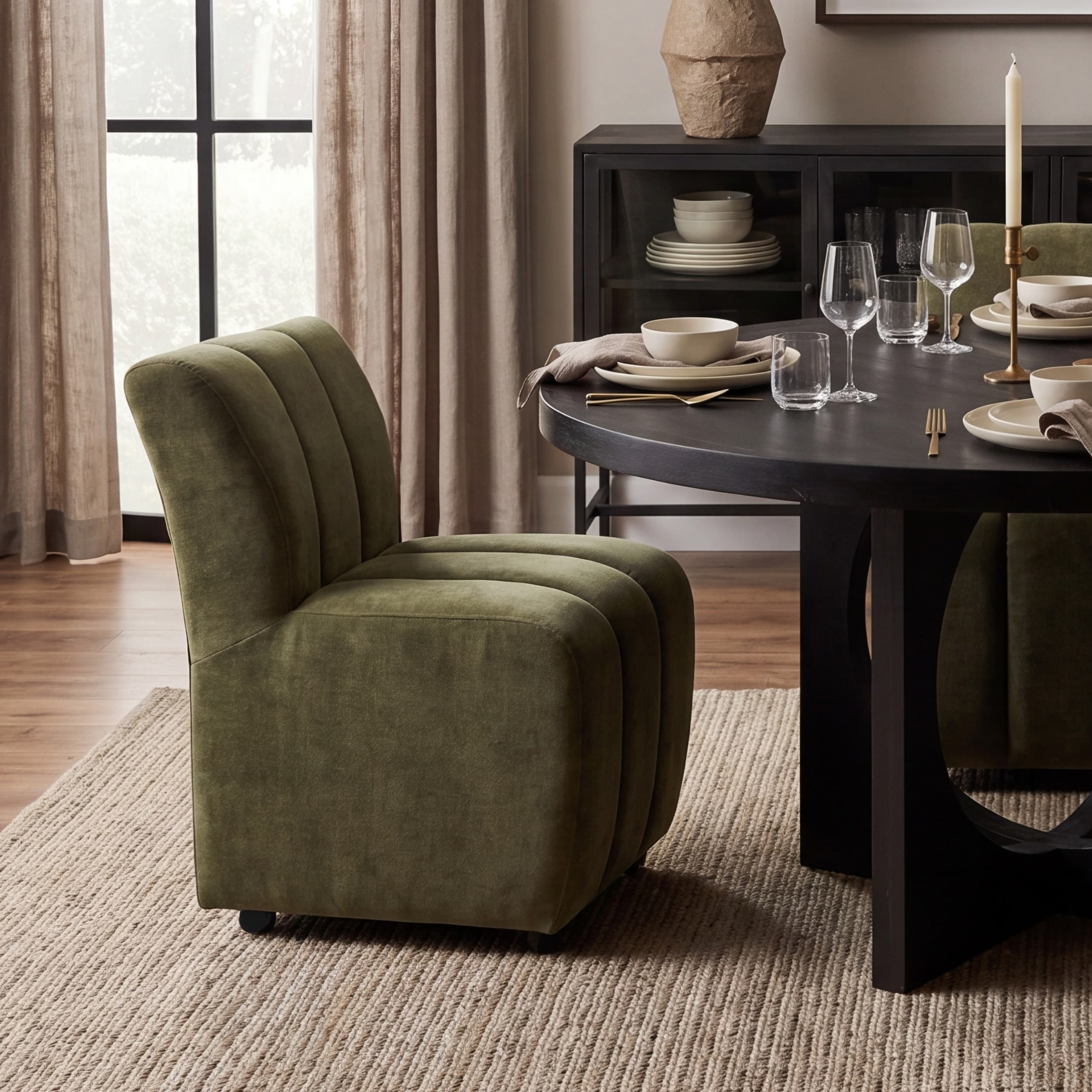 Wilkins Barrel Back Dining Arm Chair | Moss Olive Fabric w/ Wood — product photograph