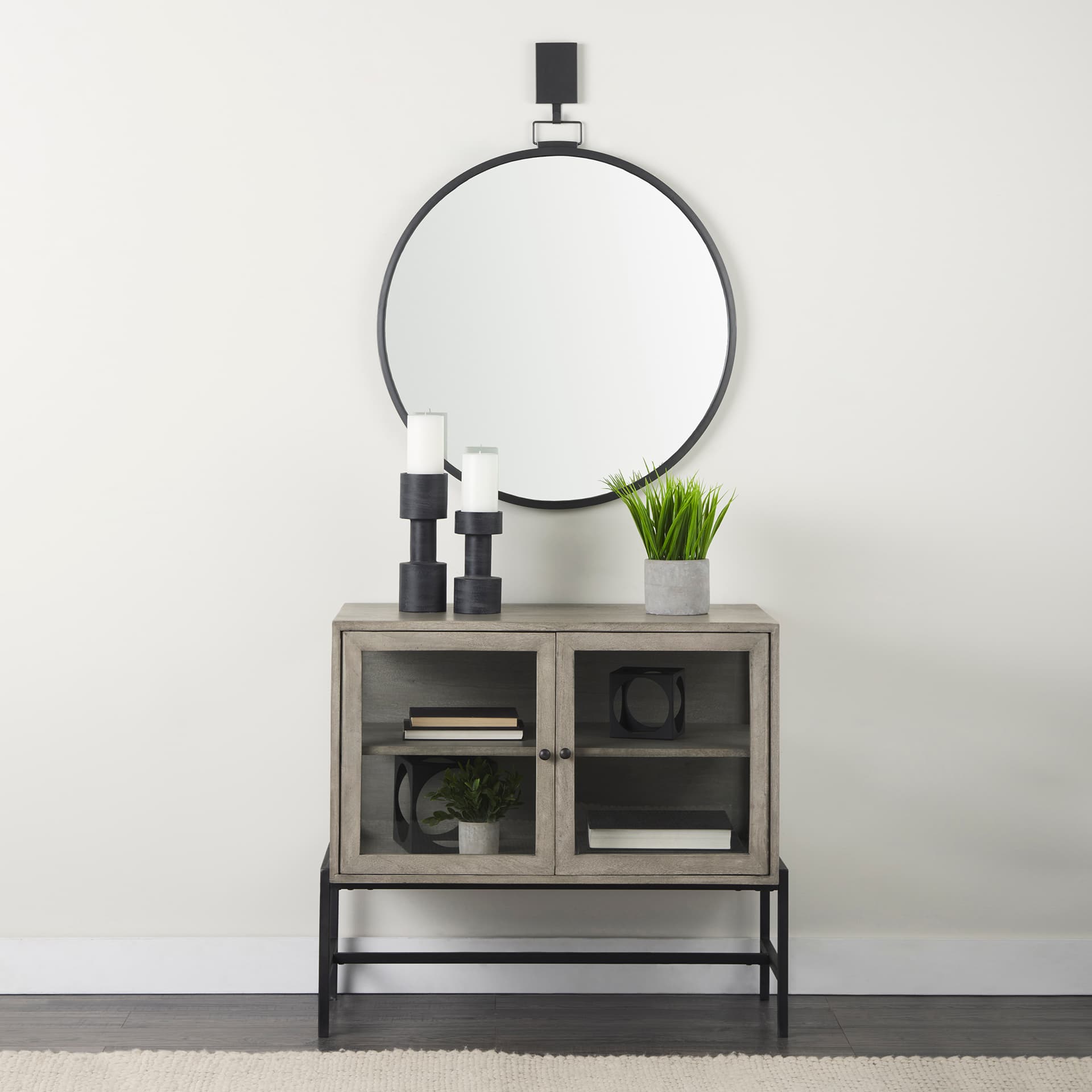 Arelius 36L x 18W x 32H Gray Wood, Black Metal Base w/ 2 Glass Doors Accent Cabinet — product photograph
