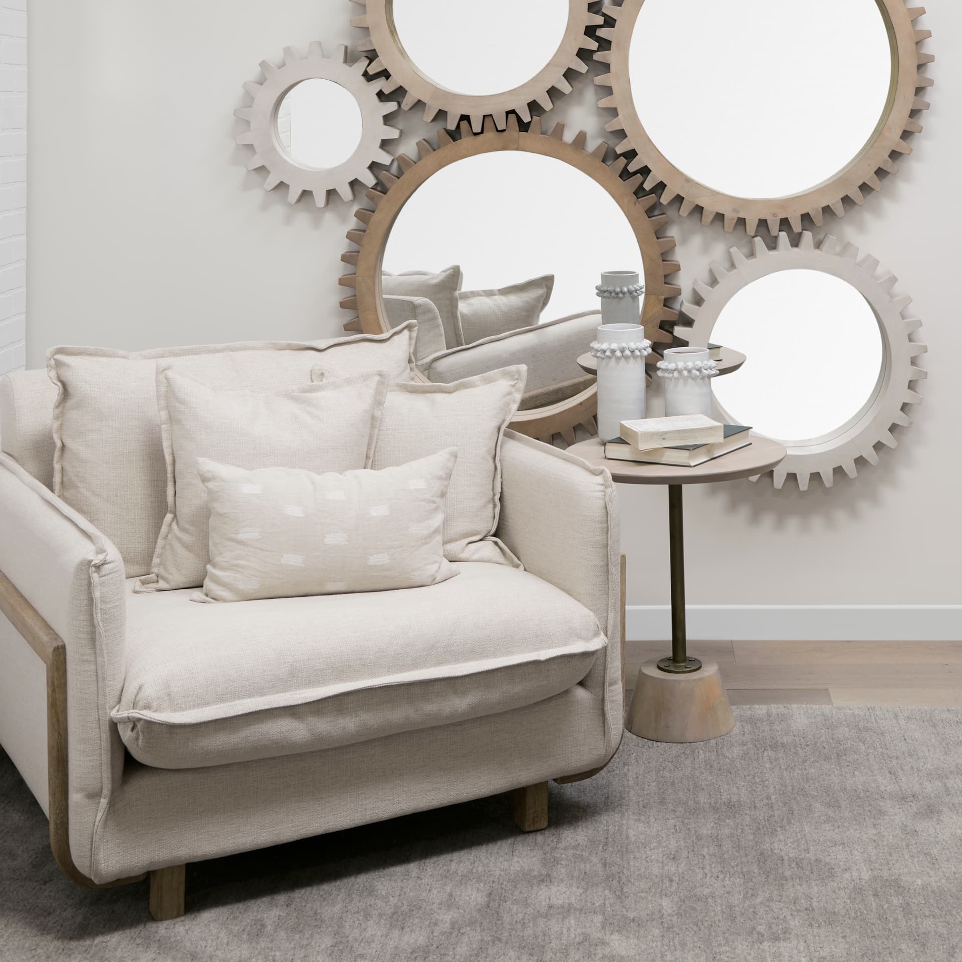 Roy II Beige Upholstered and Brown Wood Frame Arm Chair — product photograph