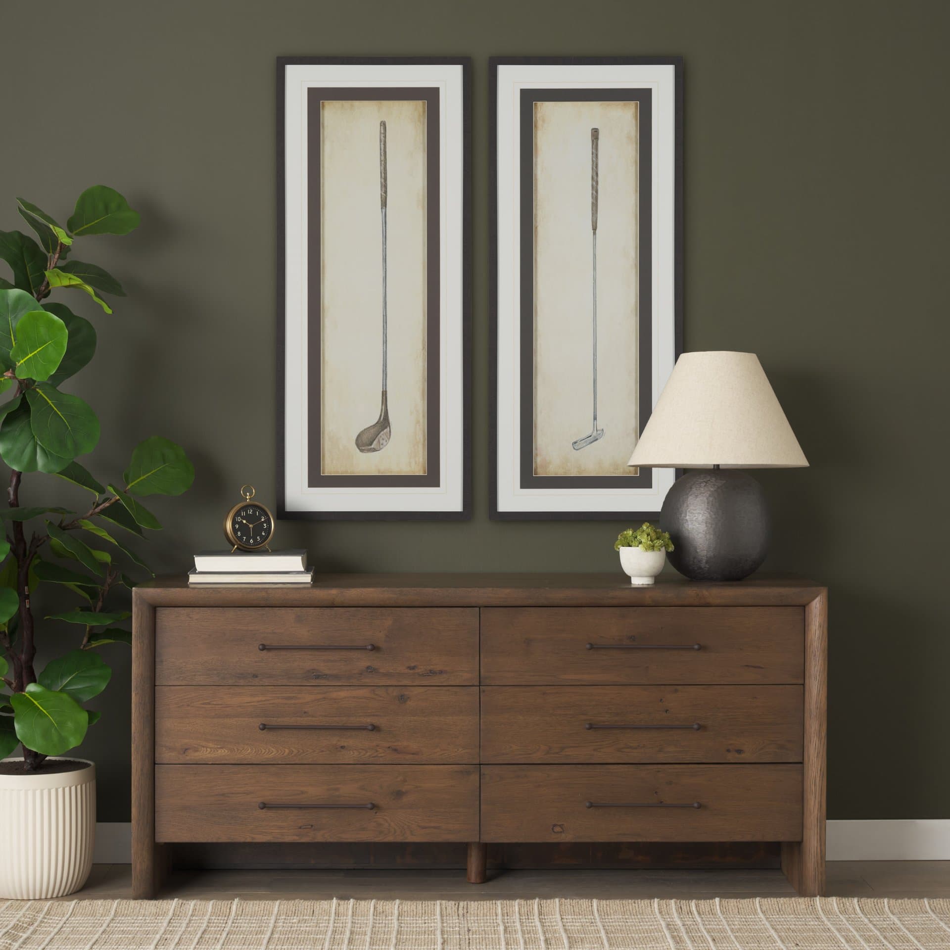 Vintage Golf Club II by Mercana Studio Hand-Embellished Textured Framed Artwork Matted under Glass — in a styled room