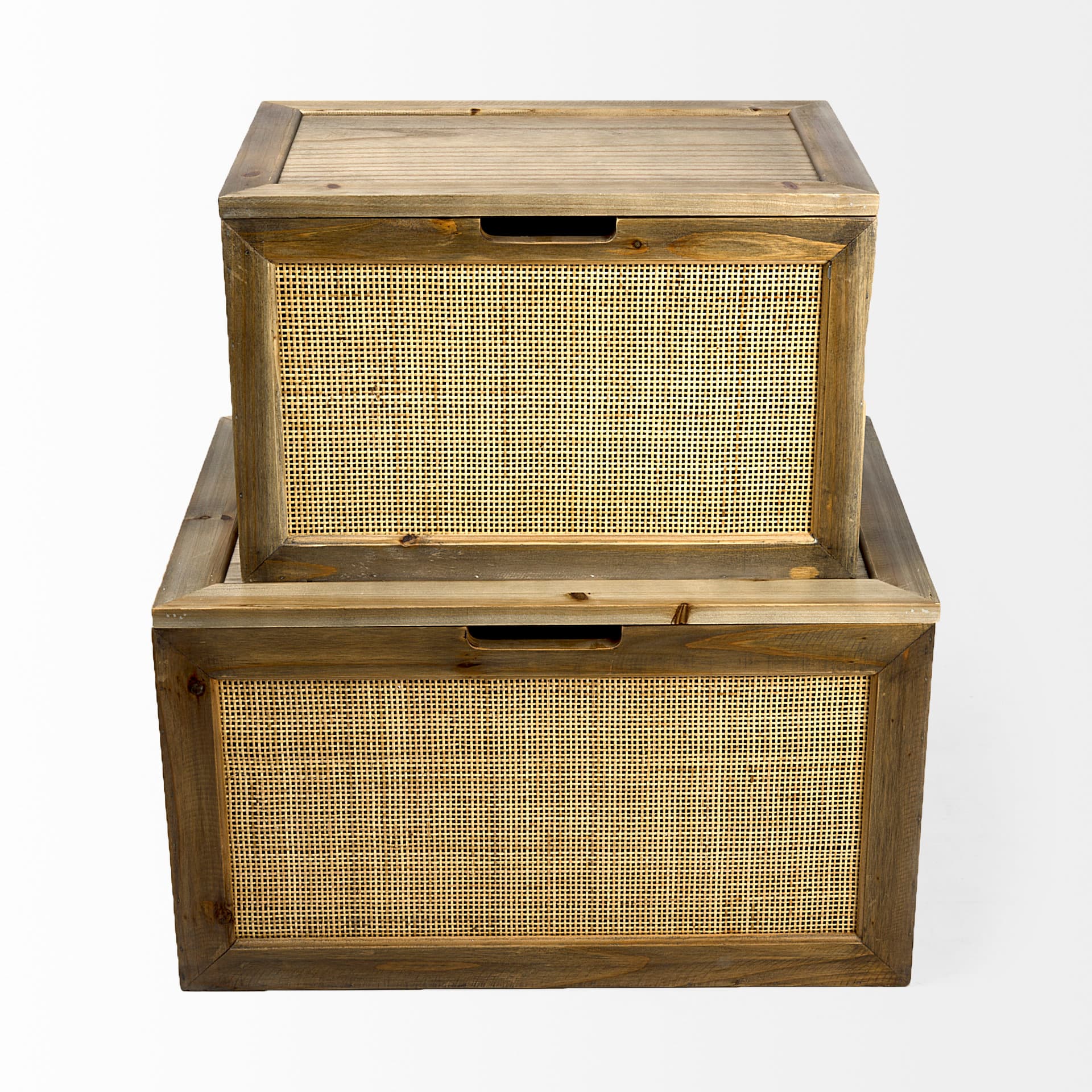 Sonny 23.6L x 15.7W x 13.8H Set of Two Brown Wood and Wicker W/ Metal Detail Rectangular Boxes — product photograph