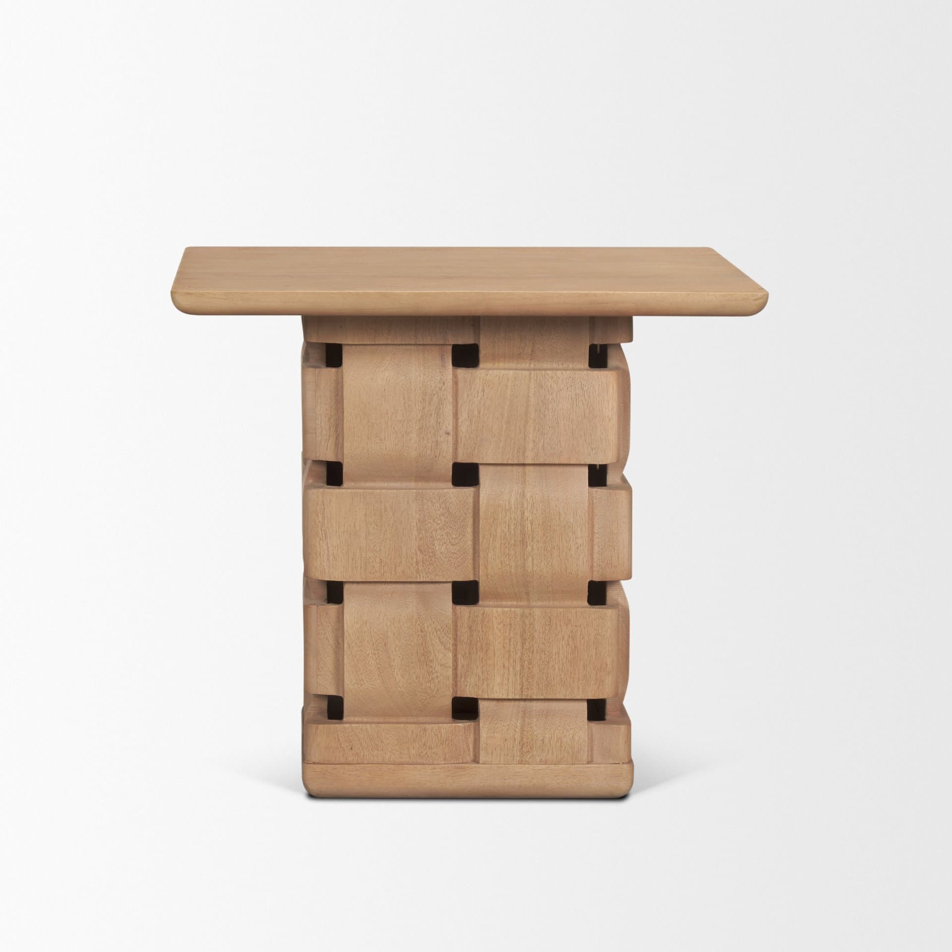 Trellyn Light Brown Wood w/ Carved Woven Base Square Accent Table — product photograph