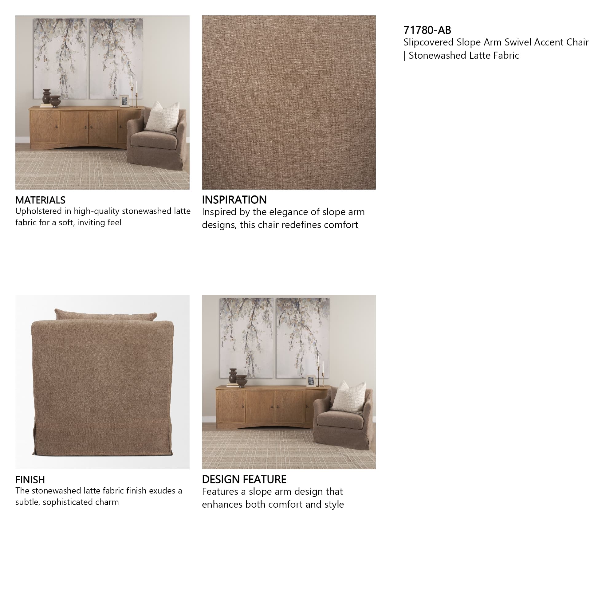 Ellington Slipcovered Slope Arm Swivel Accent Chair | Stonewashed Latte Fabric — in a styled room