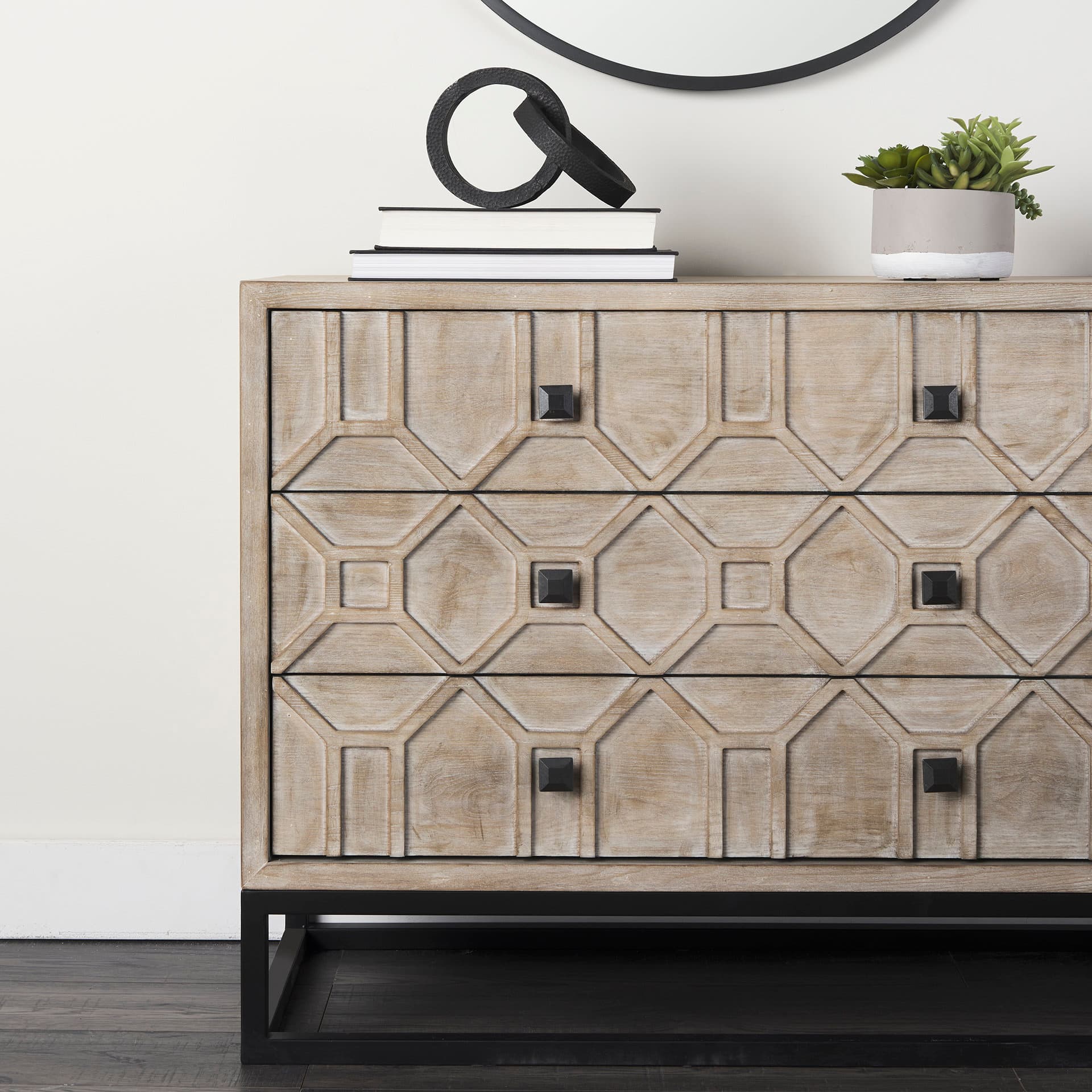 Genevieve I 39L x 16W Light Brown Fir Veneer 3 Drawer Accent Cabinet — product photograph