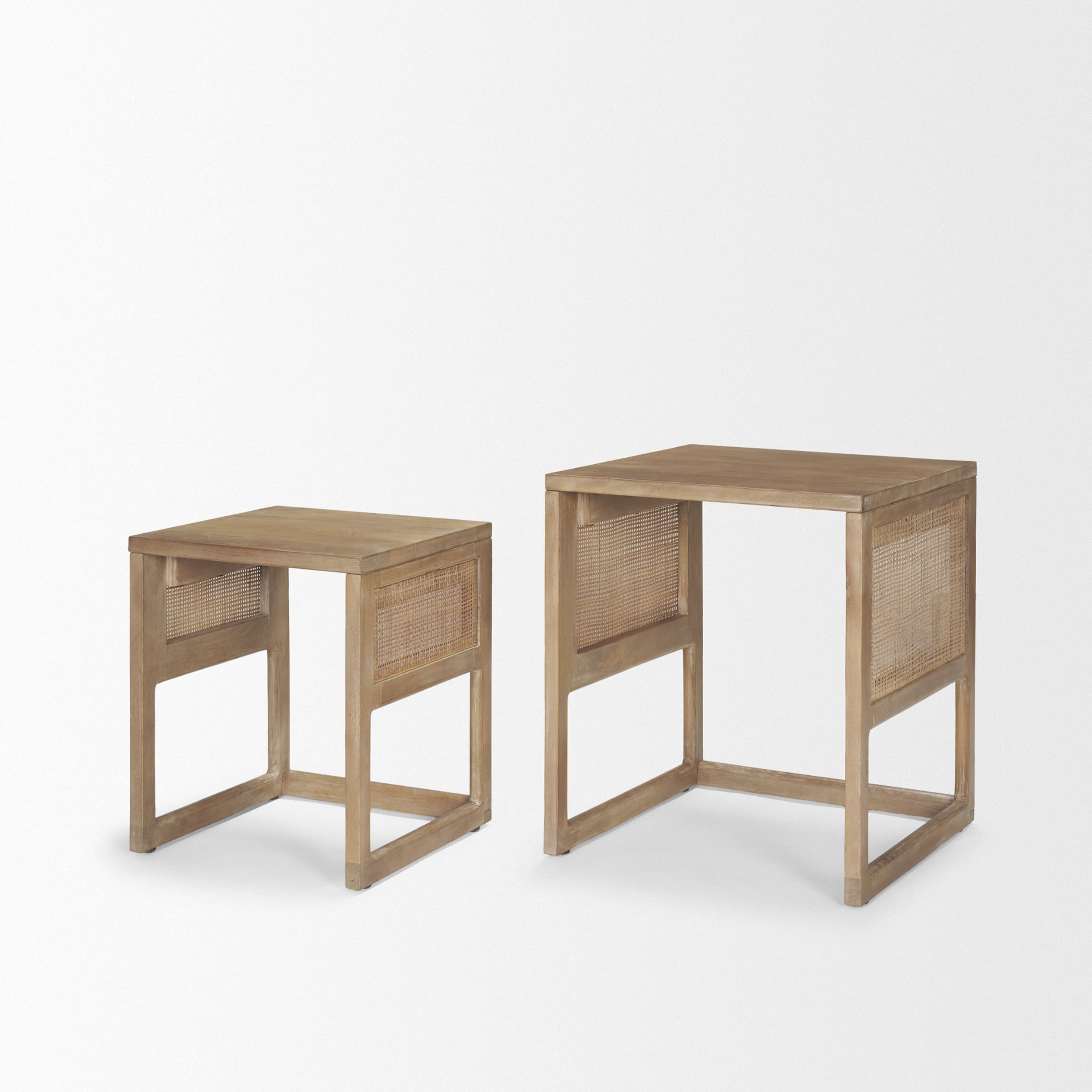 Grier Set of 2 Light Brown Solid Wood w/ Cane Nesting Accent Tables — product photograph