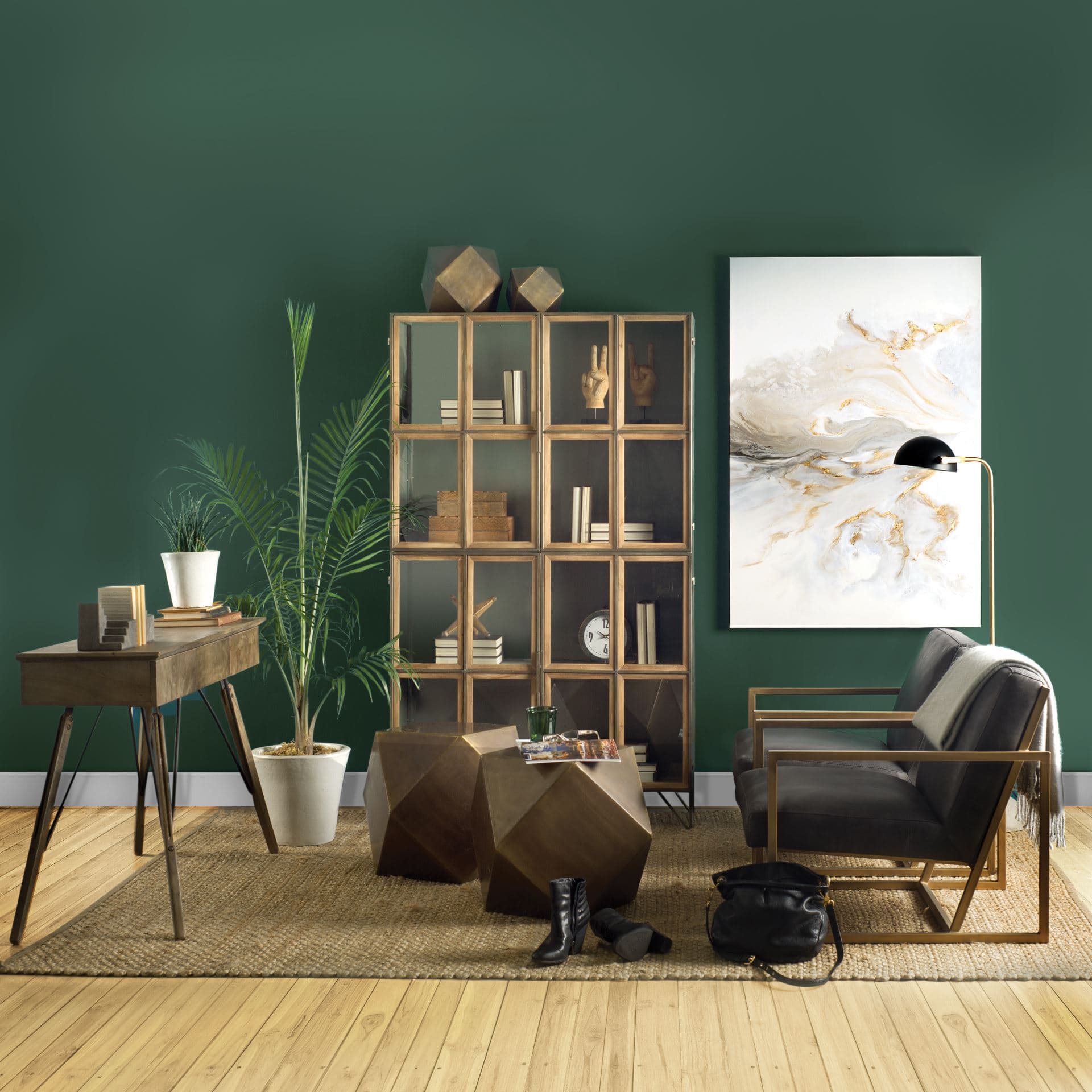 Pandora I 74" H Brown Wood and Metal Glass Door Display Cabinet — in a styled room