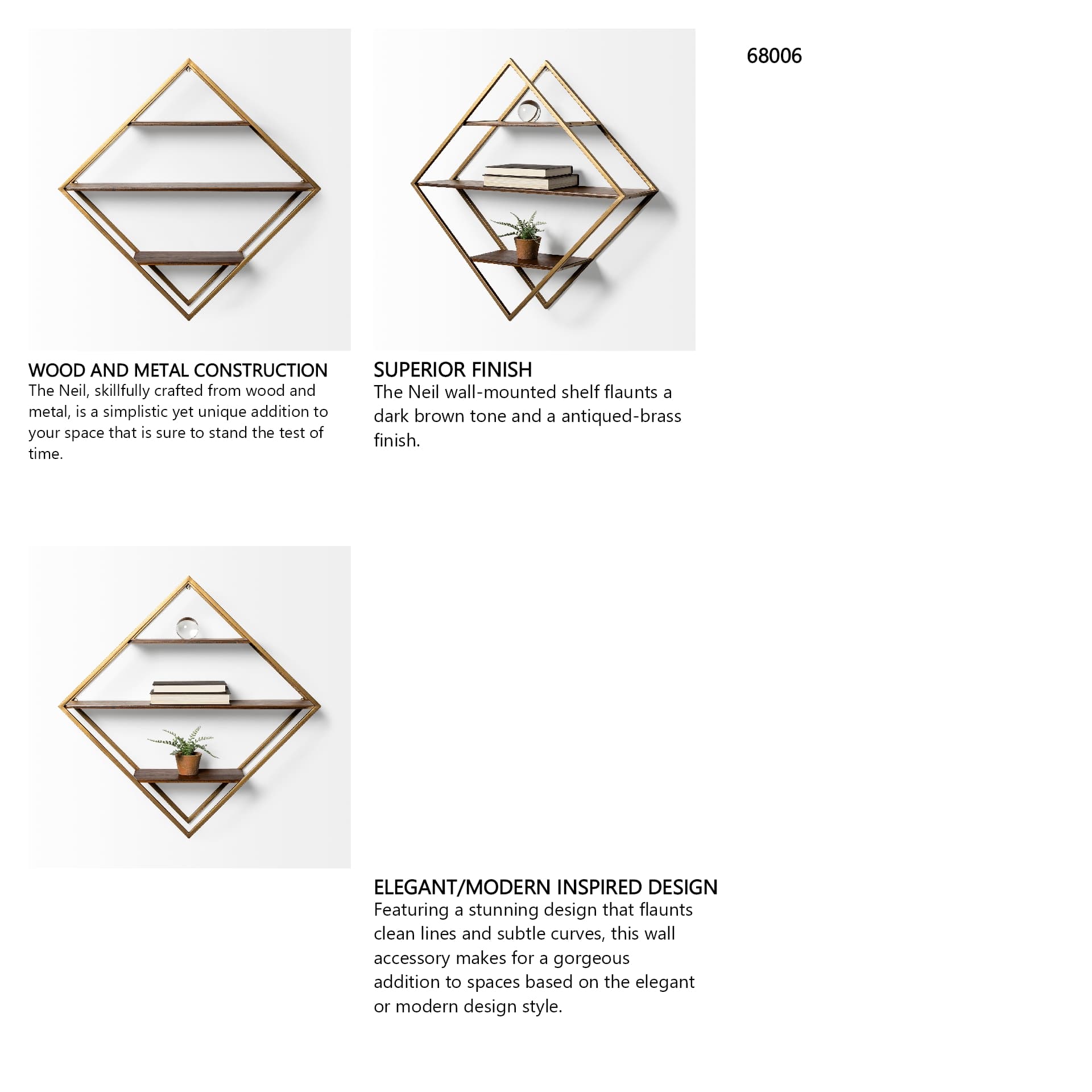 Neil I Diamond Shape Wall Mounted Brass Frame w Three Wood Wall Shelves — in a styled room