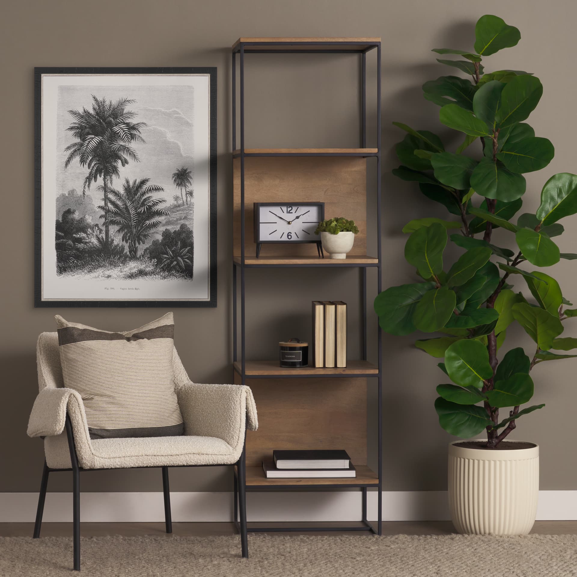 Vintage Palm Tree Drawing V by Les Palmiers Histoire a Hand Embellished Textured Framed Canvas — in a styled room