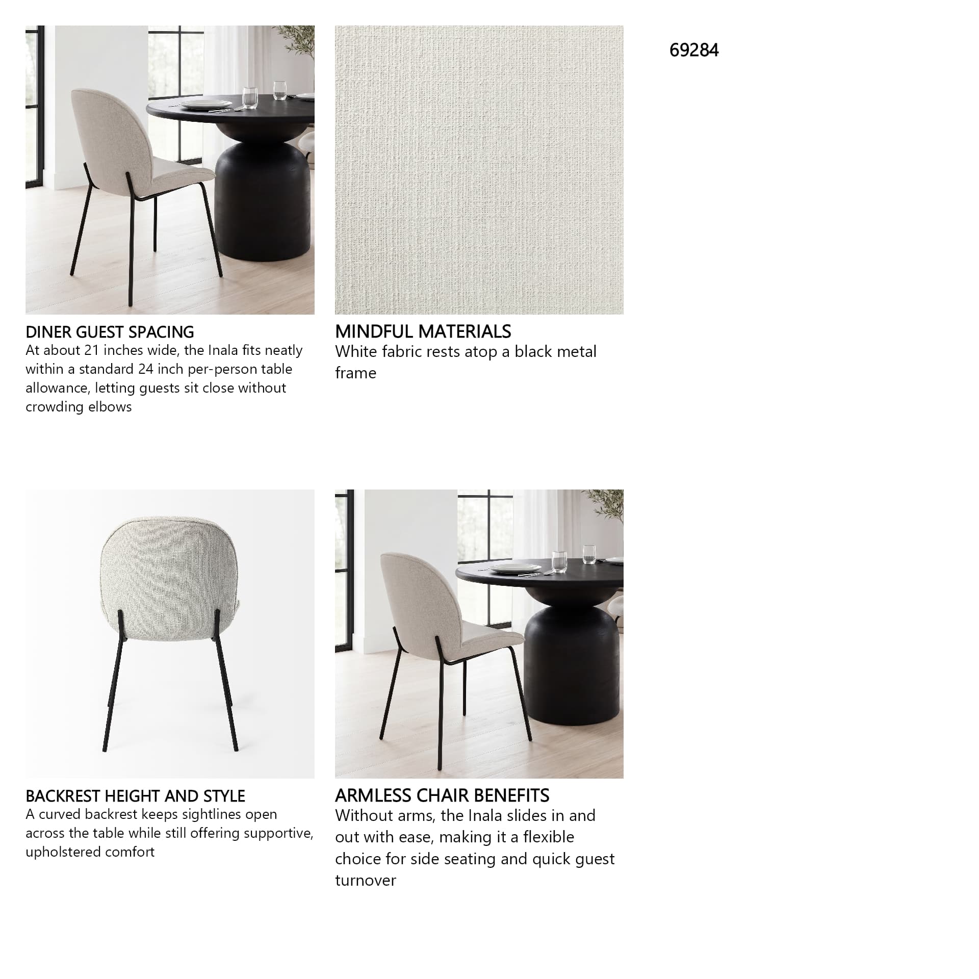 Inala Curved Back Dining Side Chair | White Fabric w/ Black Metal — in a styled room
