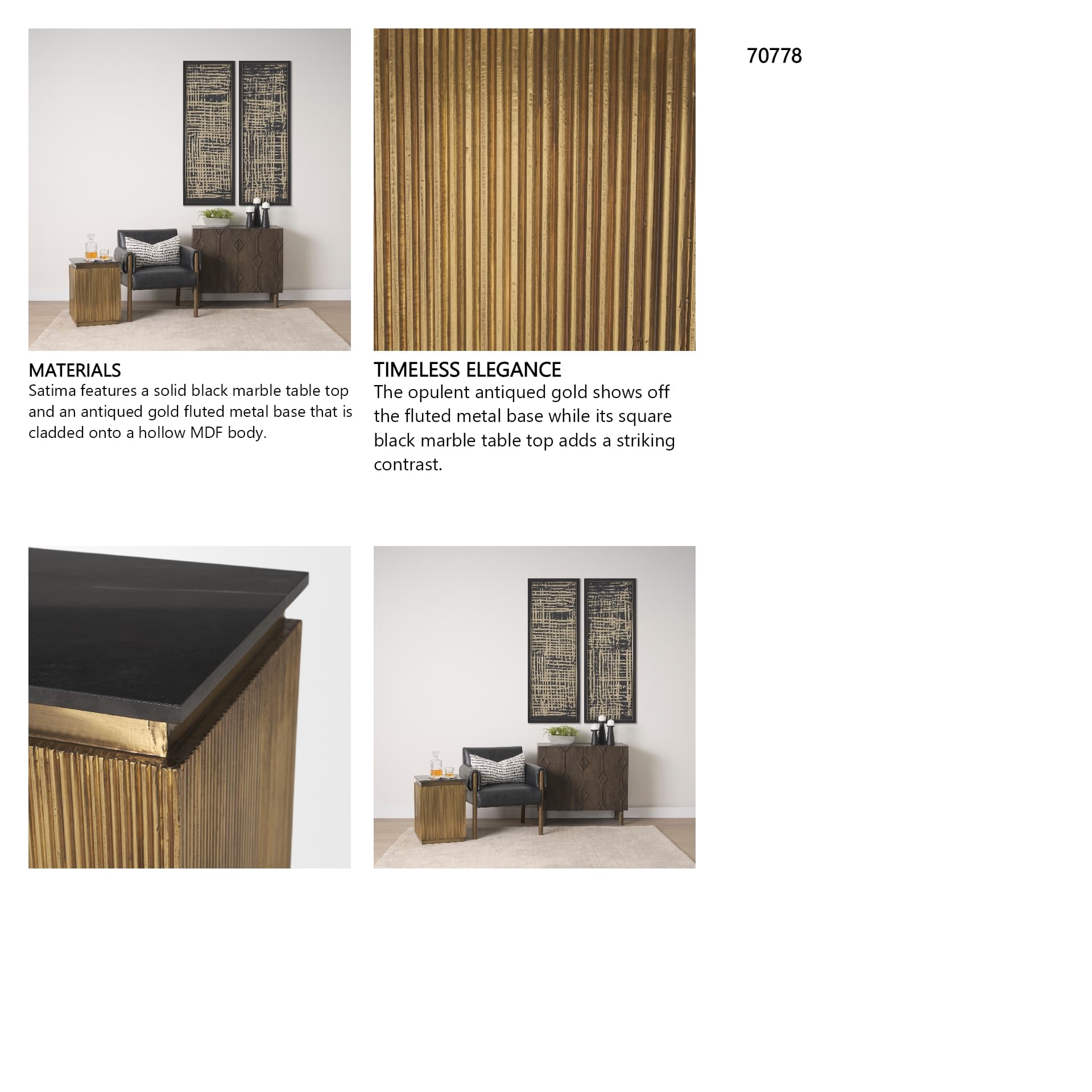 Satima Black Marble w/ Gold Metal Square Fluted Accent Table — in a styled room