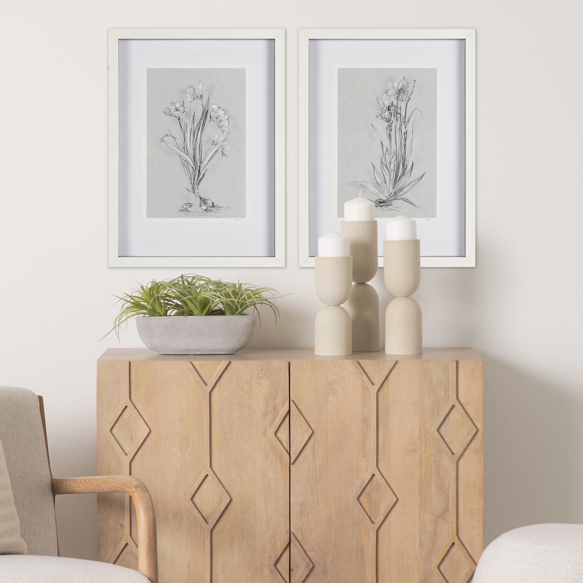 Botanical sketches III (Grey) by Mercana Studio Hand Embellished Framed Art Print Matted under Glass — in a styled room