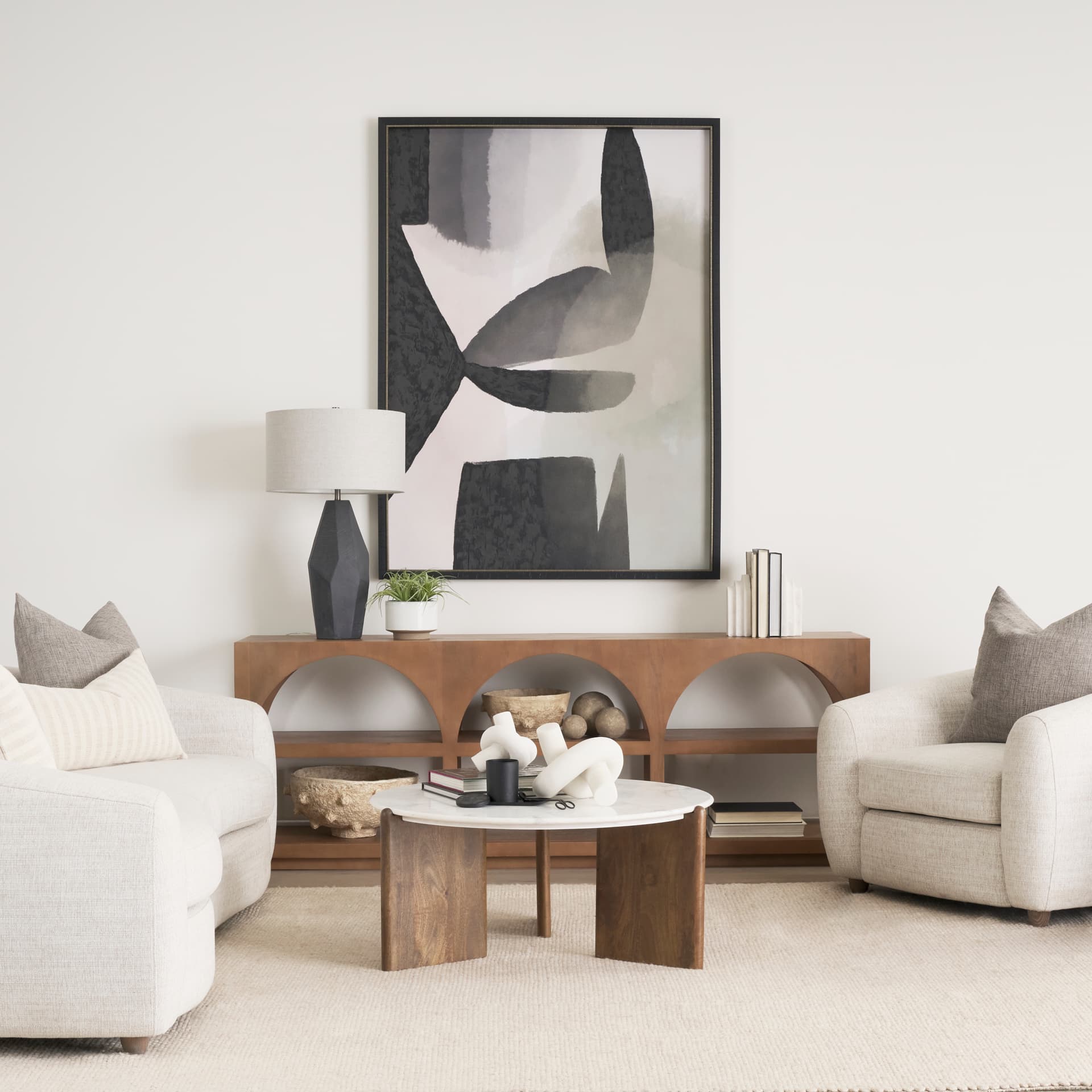 Rumer Dark Brown Wood w/ White Marble Coffee Table — in a styled room