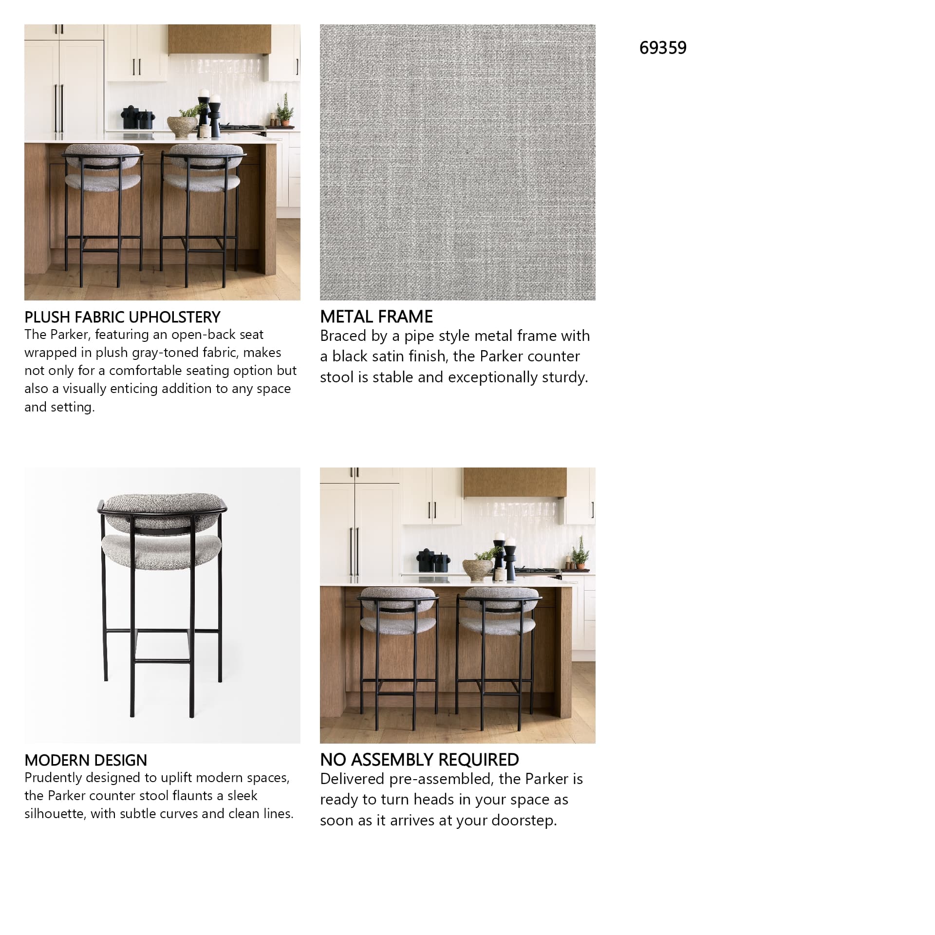 Parker Backless 36in Seat Counter Stool | Gray Fabric w/ Black Metal — product photograph