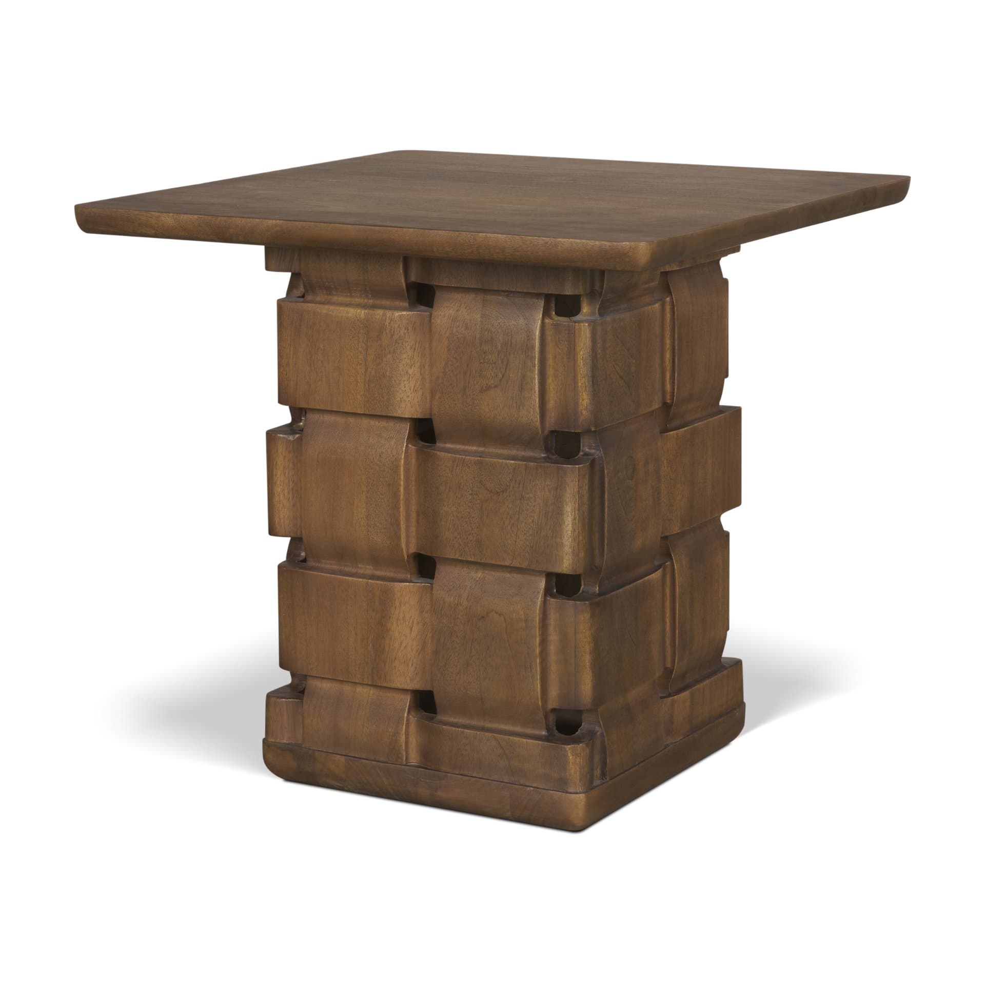 Trellyn Dark Brown Wood w/ Carved Woven Base Square Accent Table — product photograph